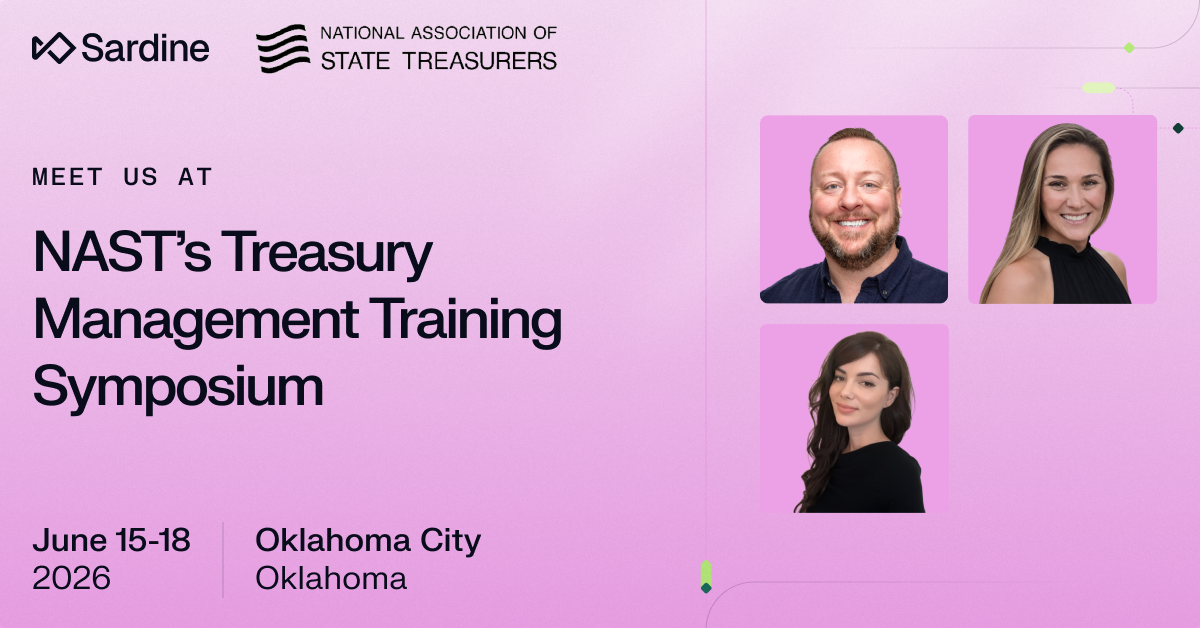 Ad for NAST's Treasury Management Training Symposium on June 15-18, 2026, in Oklahoma City, featuring Sardine and NAST logos and headshots of three people.