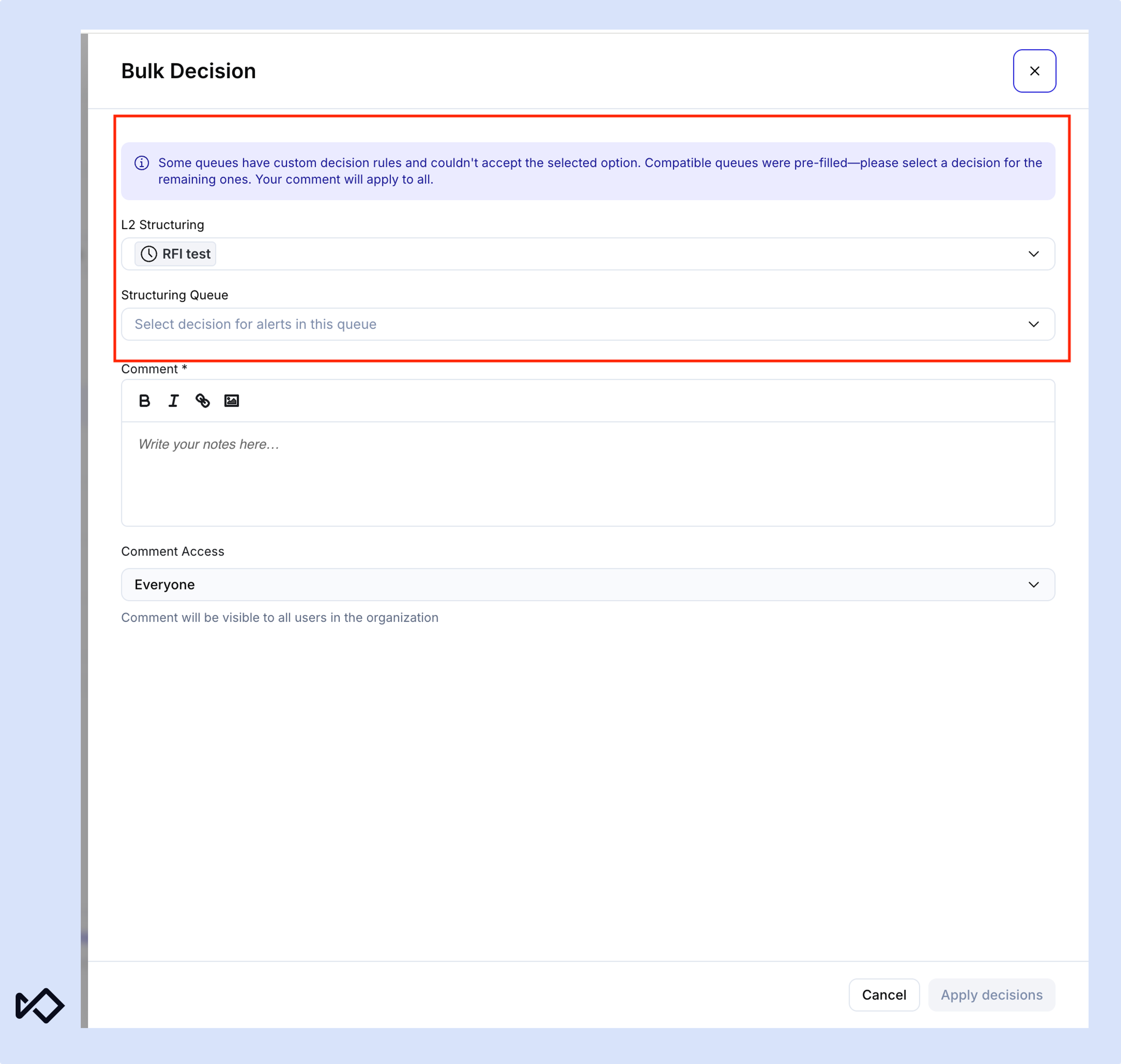 A 'Bulk Decision' modal in a software interface, displaying fields for queue structuring, comments, and access settings, along with an informational alert.