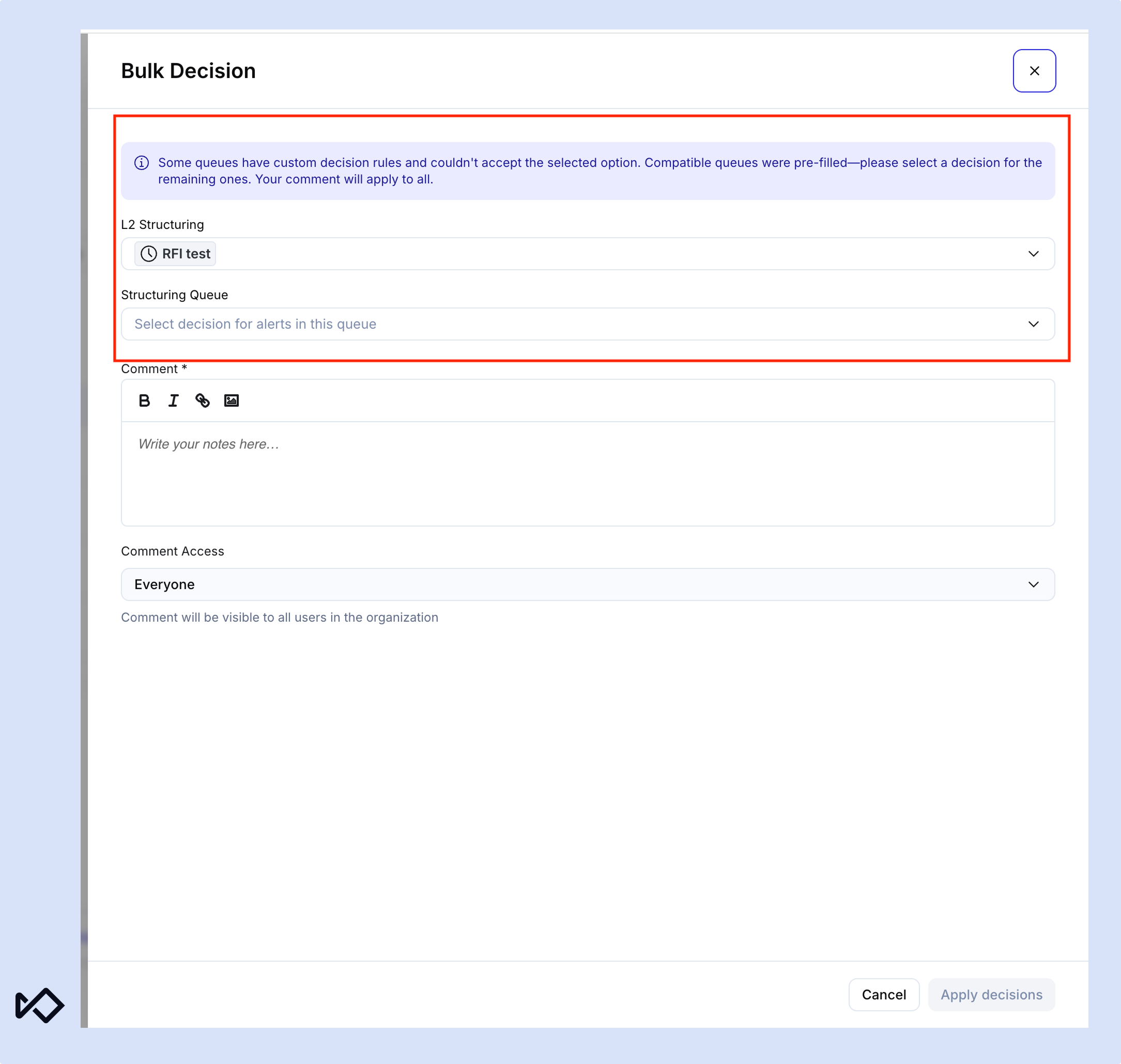A 'Bulk Decision' modal in a software interface, displaying fields for queue structuring, comments, and access settings, along with an informational alert.