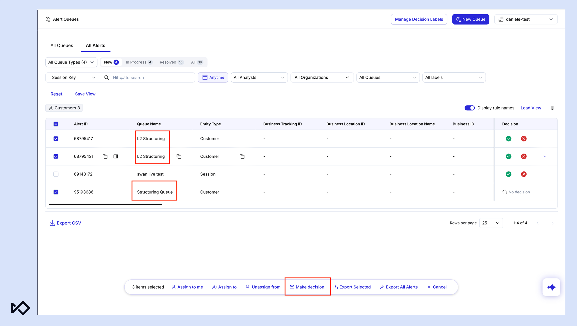 An alert management dashboard displaying a table of alerts, including "L2 Structuring" and "Structuring Queue", with a "Make decision" button.
