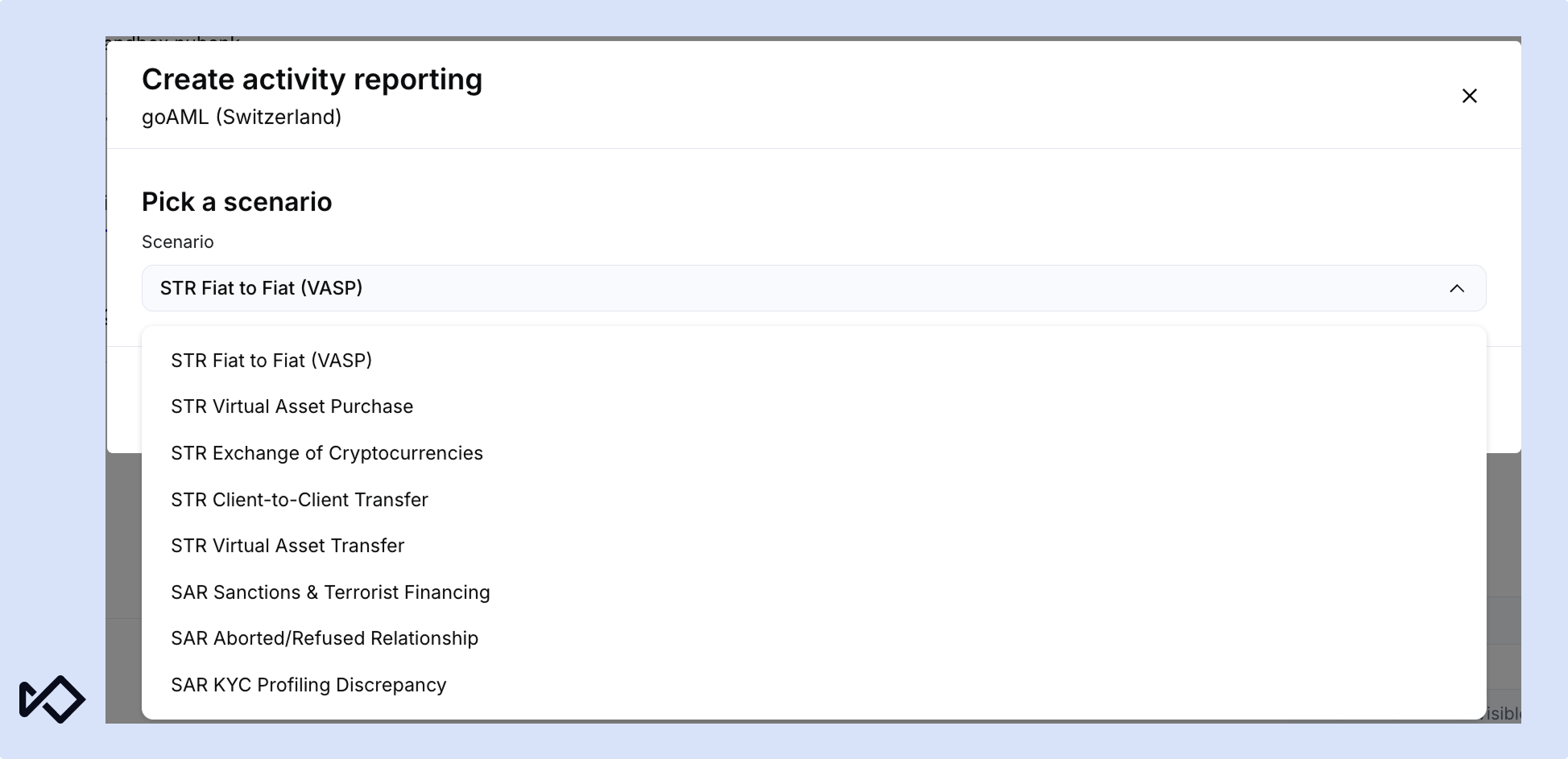 A "Create activity reporting" dialog with an open dropdown showing various AML/CFT scenarios, including "STR Flat to Flat (VASP)" selected.