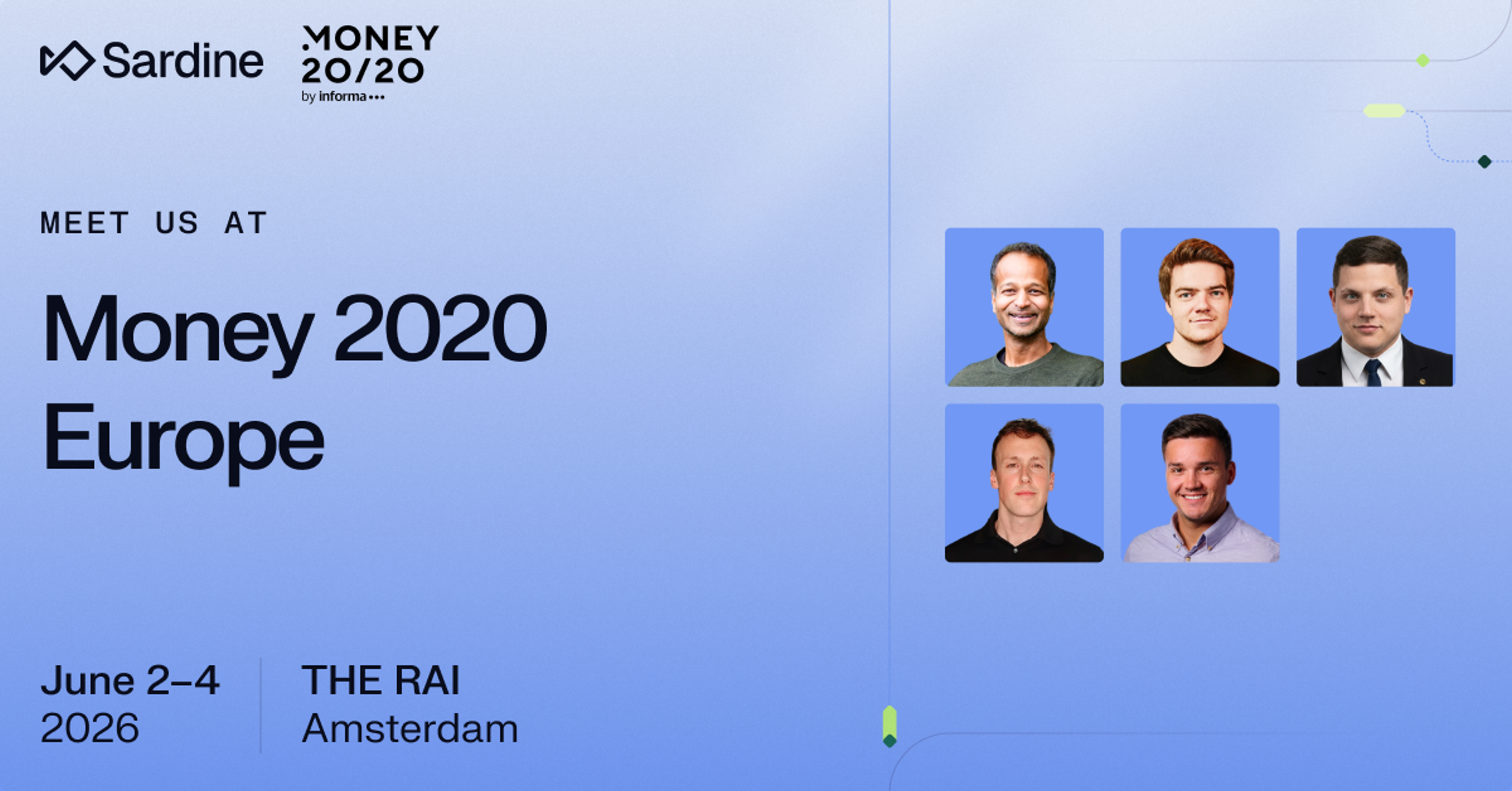 Sardine advertisement for Money 2020 Europe, June 2-4, 2026, in Amsterdam, featuring headshots of five male team members.