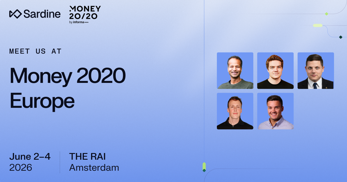 Sardine advertisement for Money 2020 Europe, June 2-4, 2026, in Amsterdam, featuring headshots of five male team members.