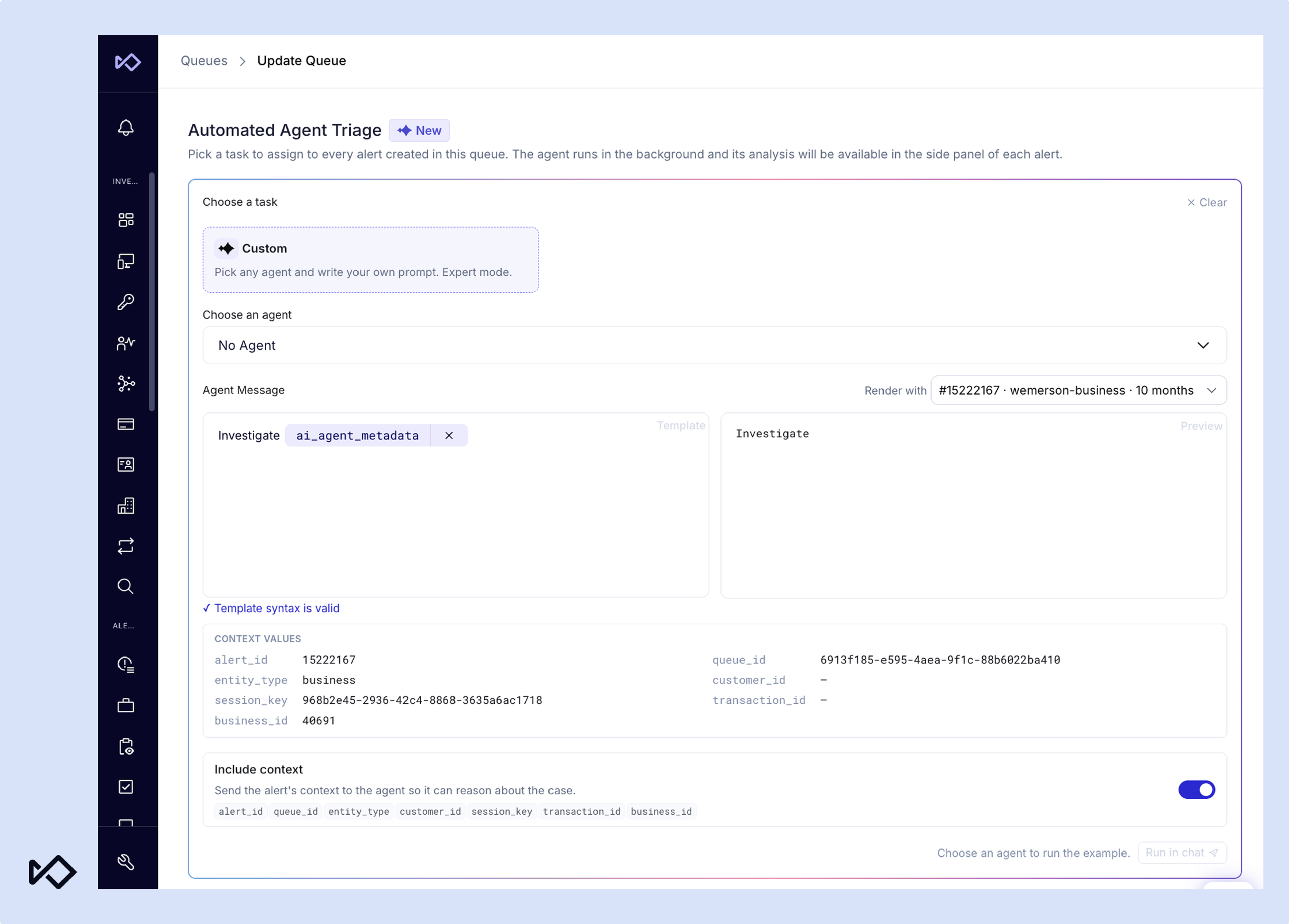 Interface for configuring Automated Agent Triage with custom task, agent message, and context values.