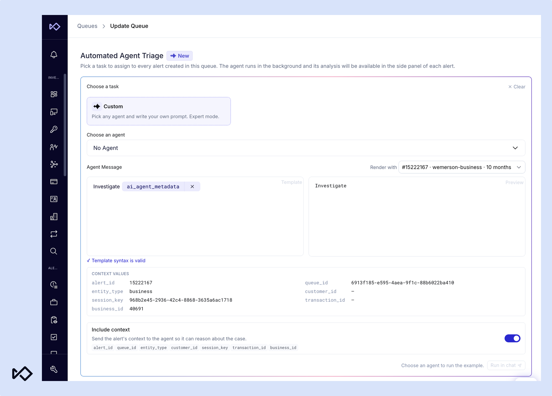 Interface for configuring Automated Agent Triage with custom task, agent message, and context values.