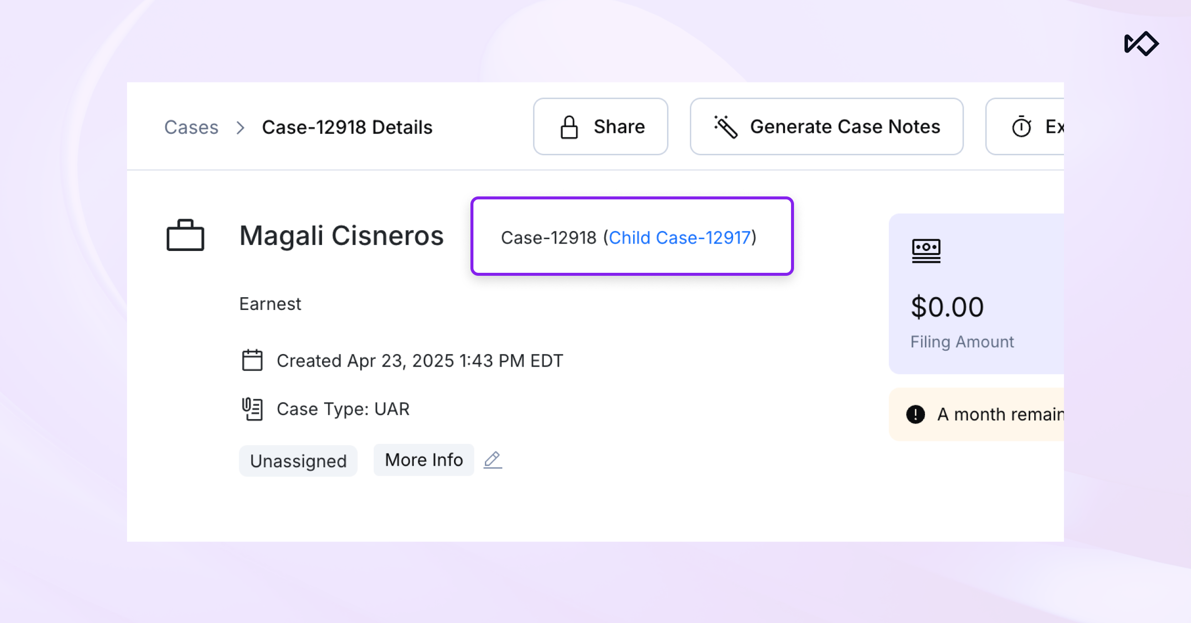 A case details screen for Magali Cisneros, Case-12918, showing a creation date of April 23, 2025, unassigned status, and $0.00 filing amount.