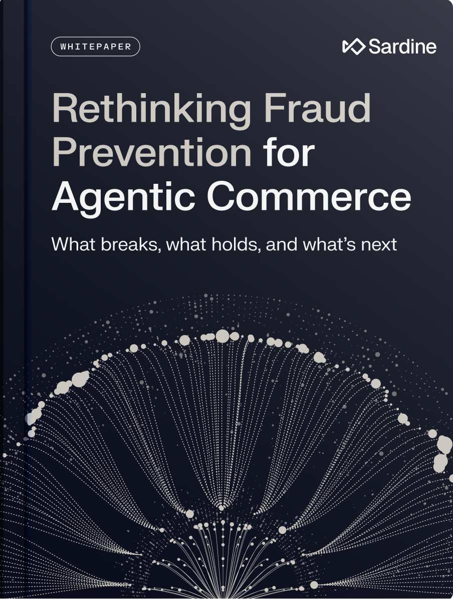 Whitepaper cover for Sardine titled "Rethinking Fraud Prevention for Agentic Commerce: What breaks, what holds, and what's next."