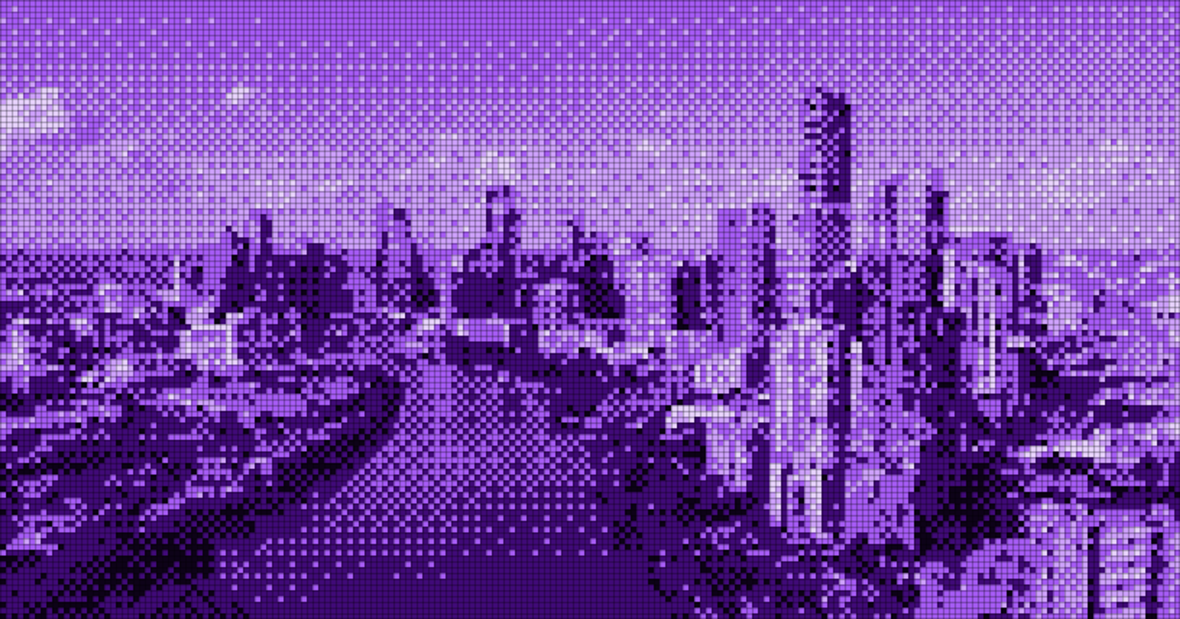 Purple pixel art of a city skyline with a river.