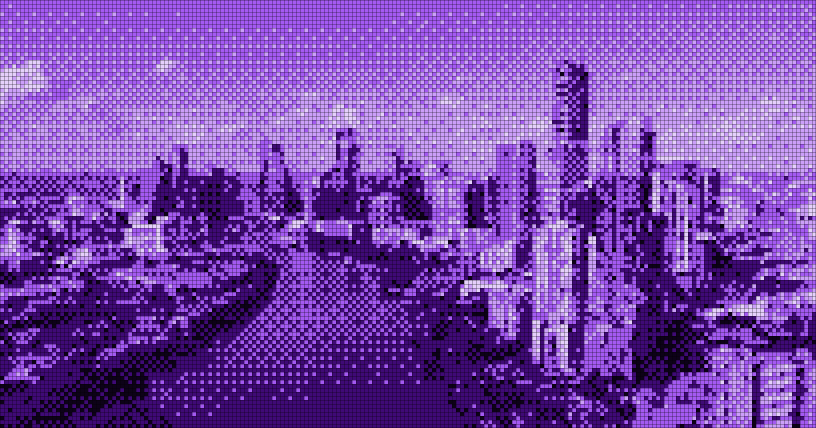 Purple pixel art of a city skyline with a river.