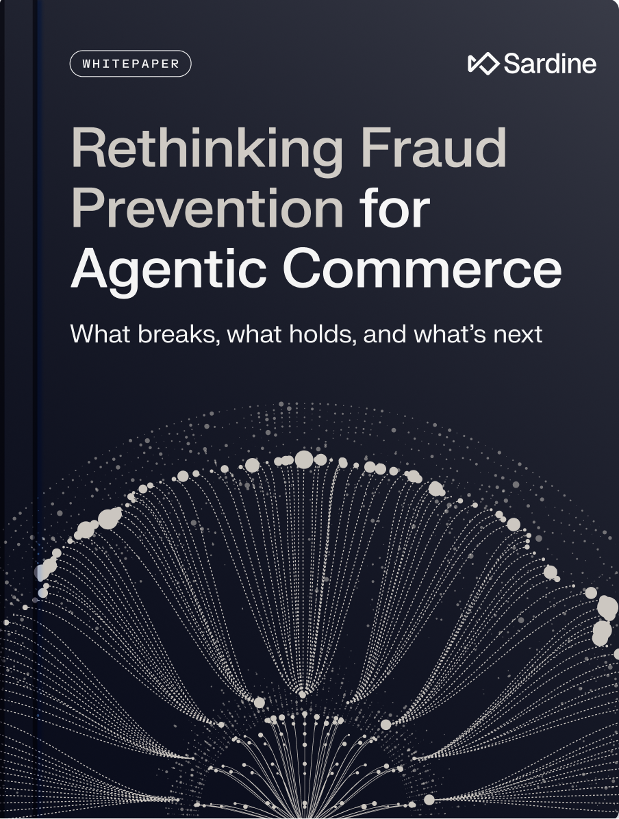 Whitepaper cover for Sardine titled "Rethinking Fraud Prevention for Agentic Commerce: What breaks, what holds, and what's next."