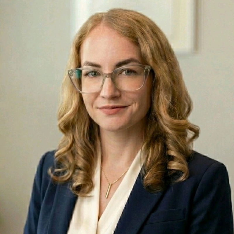Smiling woman with wavy blonde hair, clear frame glasses, and a dark blazer.