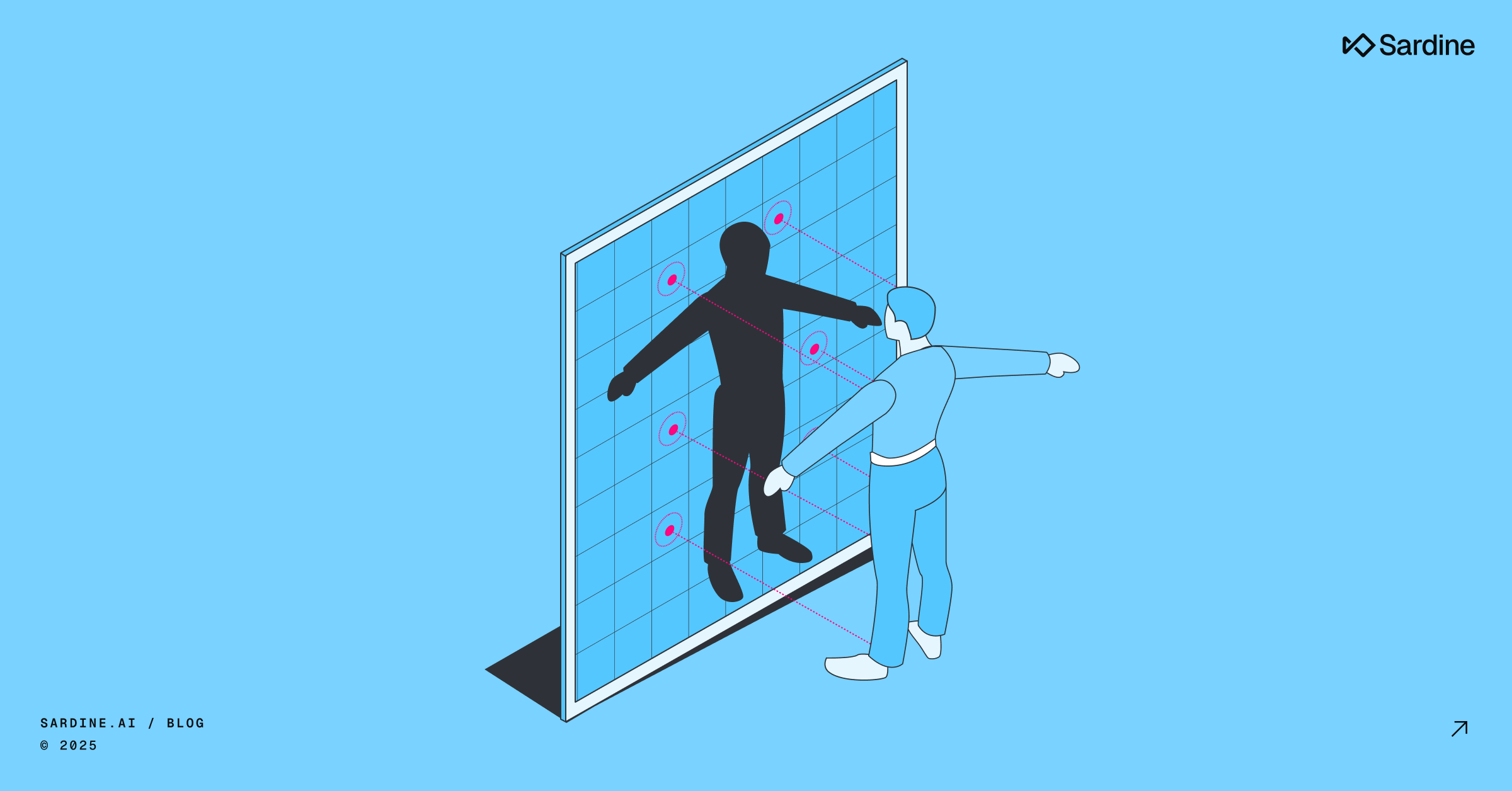 A light blue isometric figure stands before a grid screen displaying its dark silhouette with red tracking points.