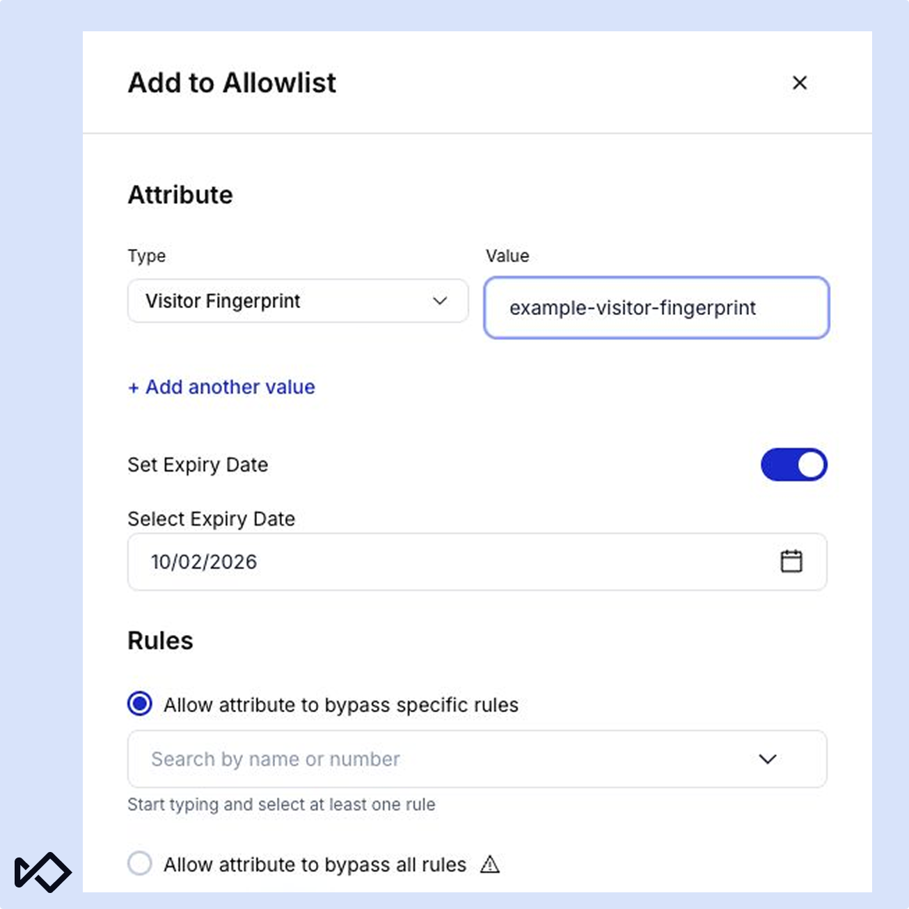 A modal titled "Add to Allowlist" for configuring a visitor fingerprint with an expiry date and rule bypass settings.