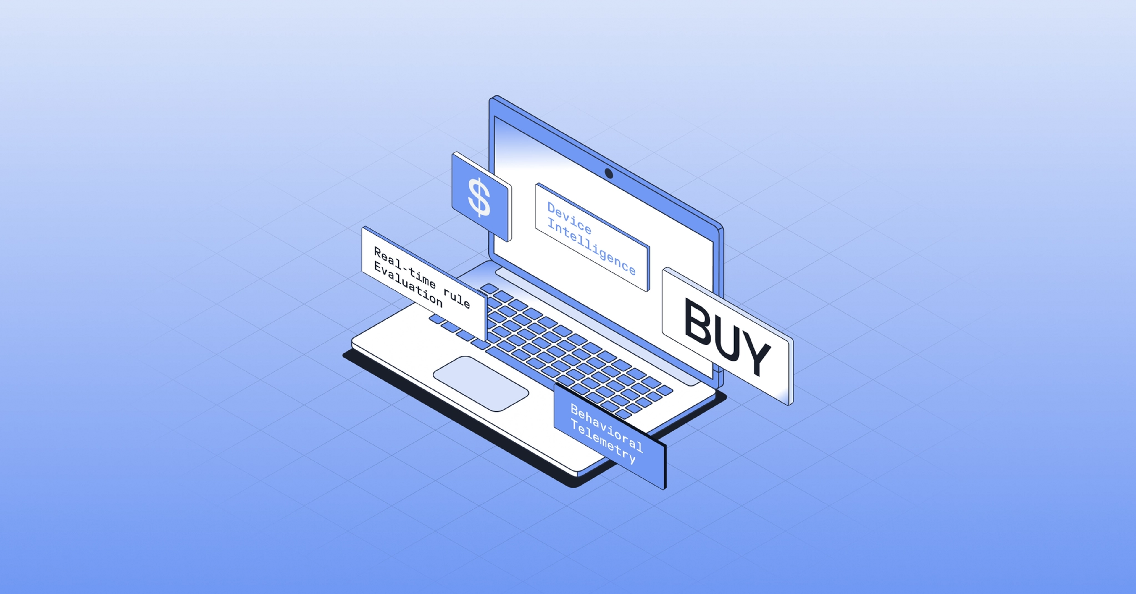 Isometric illustration of a laptop with floating labels "Device Intelligence," "Real-time rule Evaluation," "Behavioral Telemetry," and a "BUY" button.