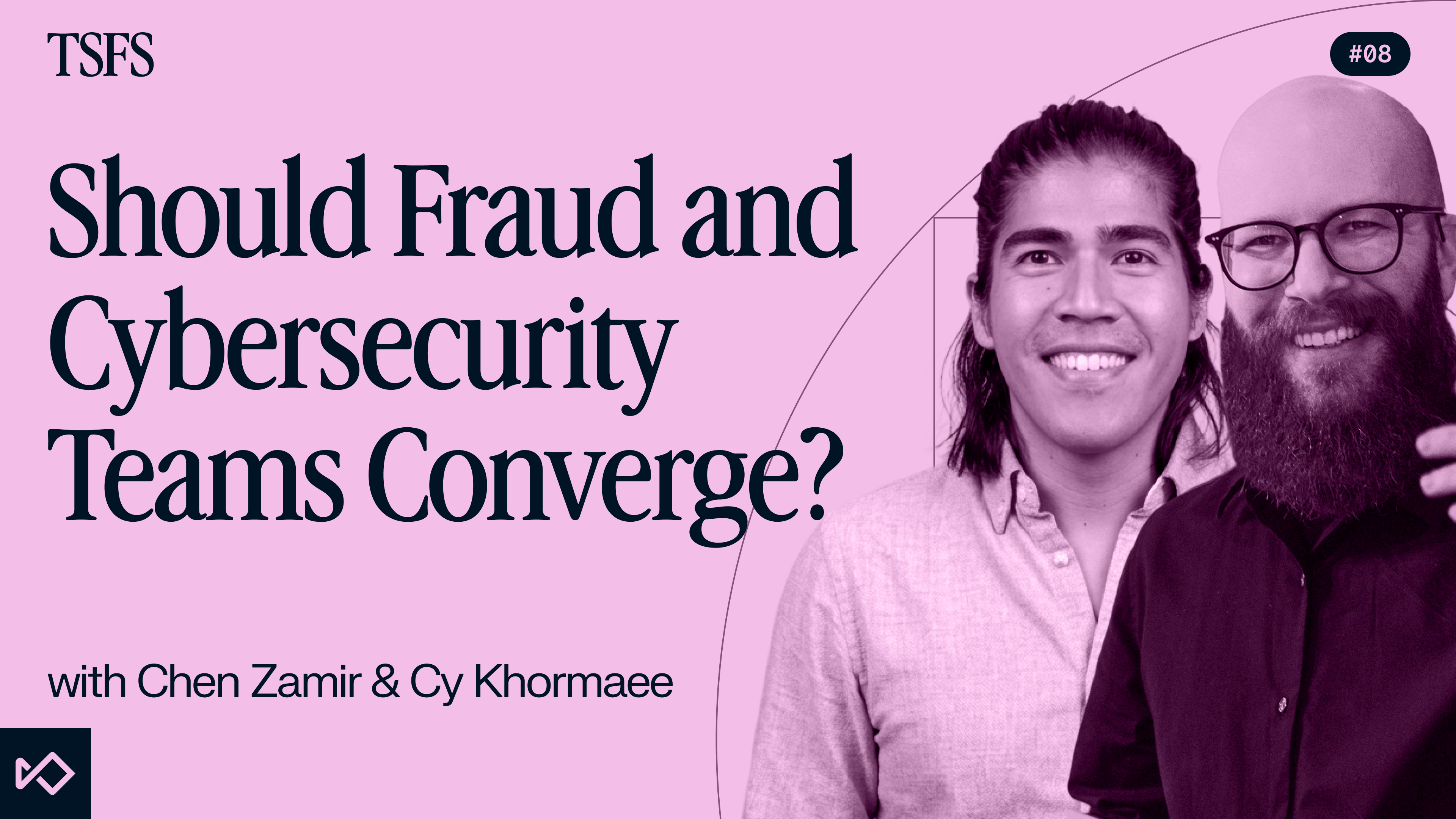 Episode graphic: 'Should Fraud and Cybersecurity Teams Converge?' with smiling Chen Zamir and Cy Khormae.