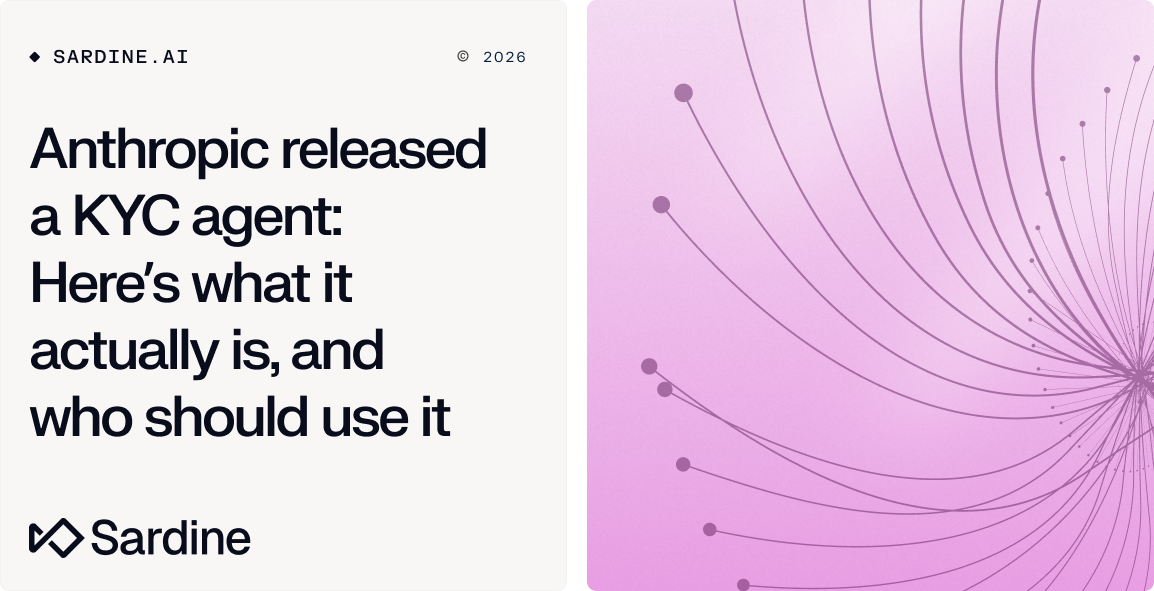 Text: "Anthropic released a KYC agent: Here's what it actually is, and who should use it," from Sardine AI, with an abstract pink design.