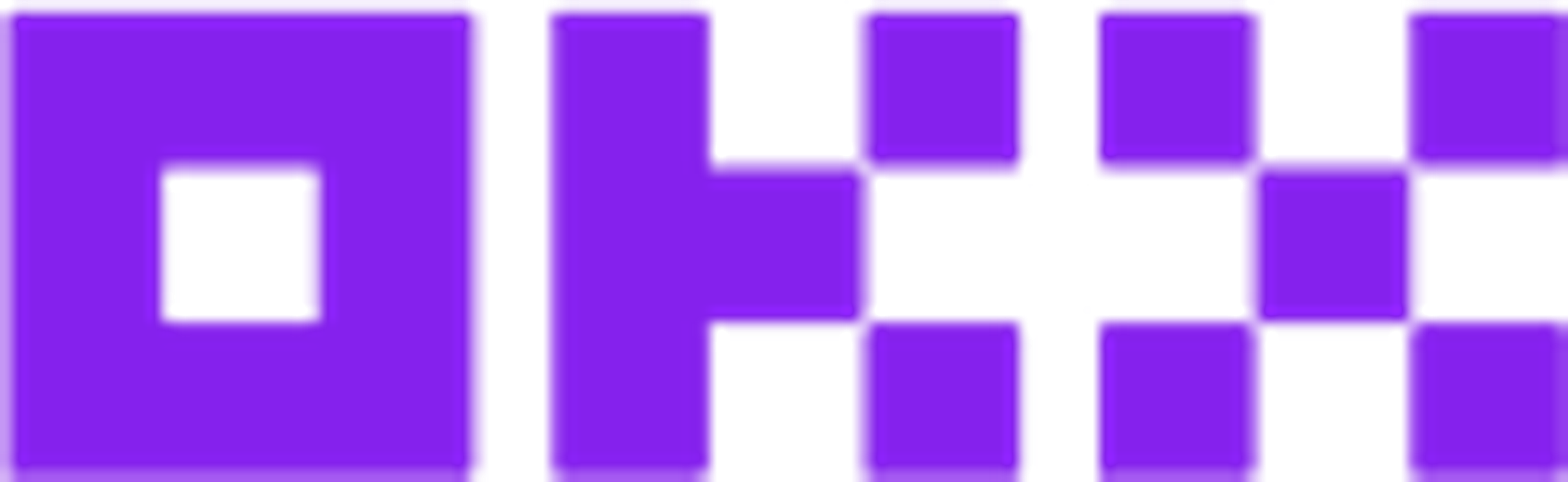 Purple and black pixelated QR code pattern.