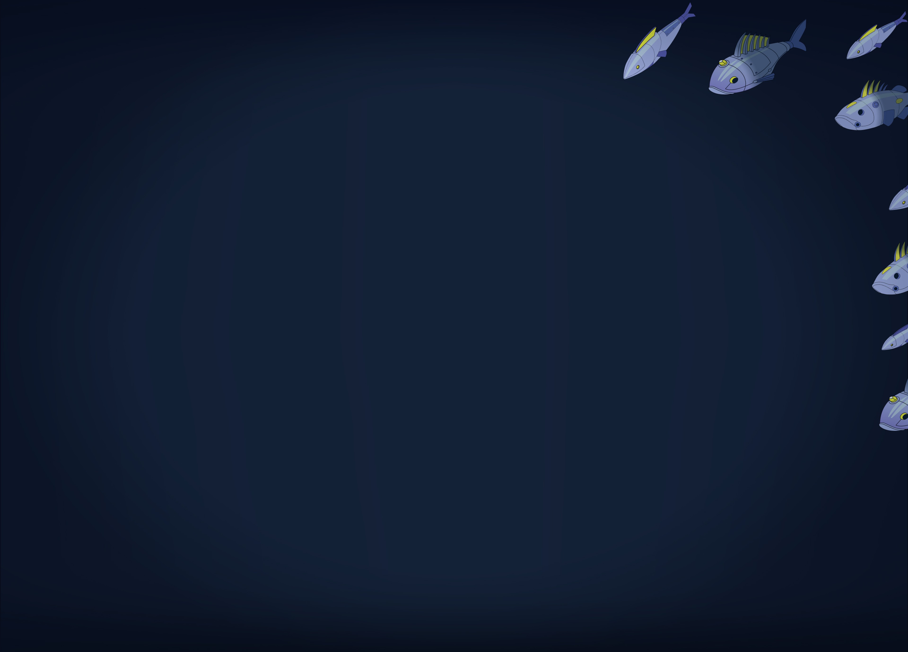 Dark blue background with stylized fish along the top and right.