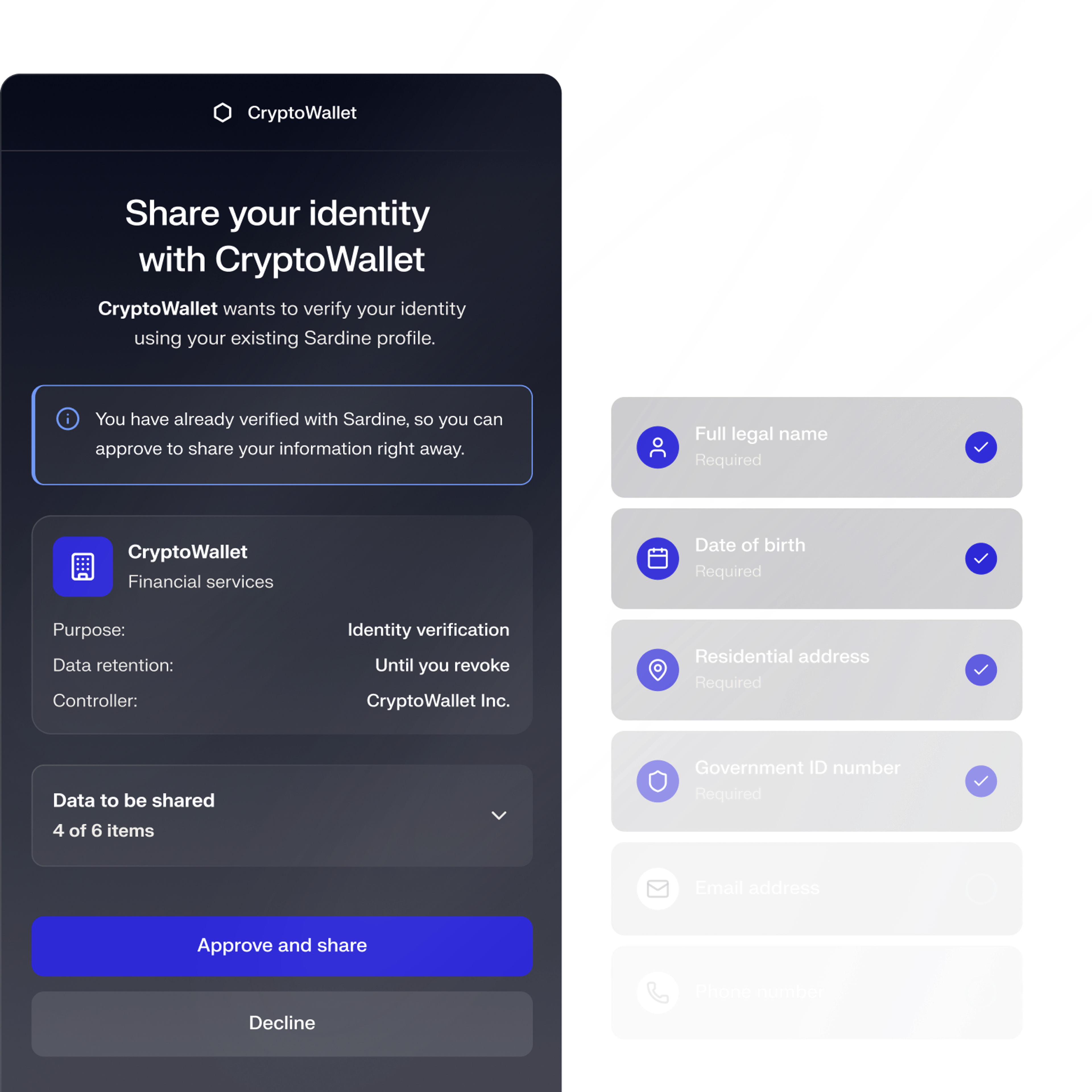 Consent screen to share identity with CryptoWallet