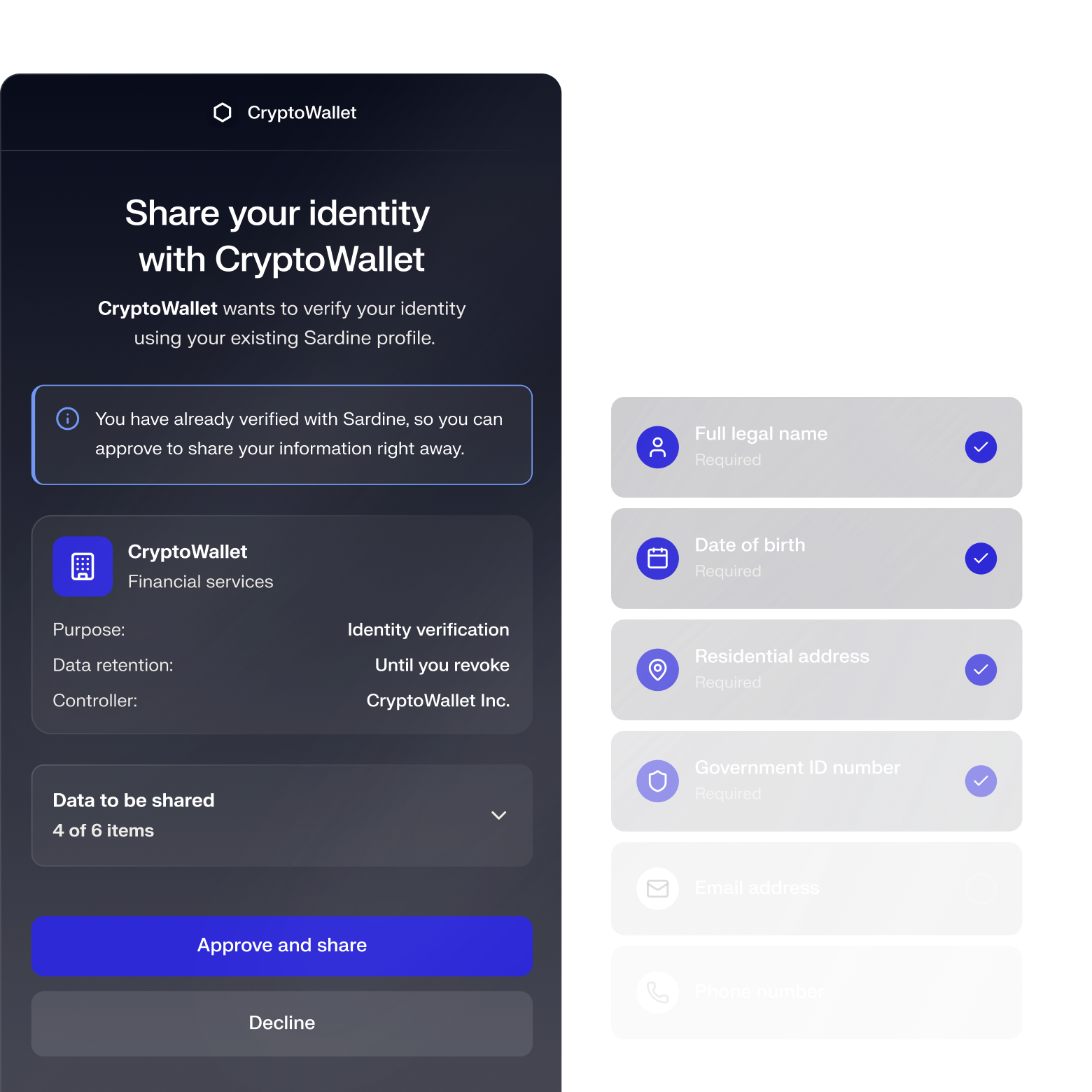 Consent screen to share identity with CryptoWallet