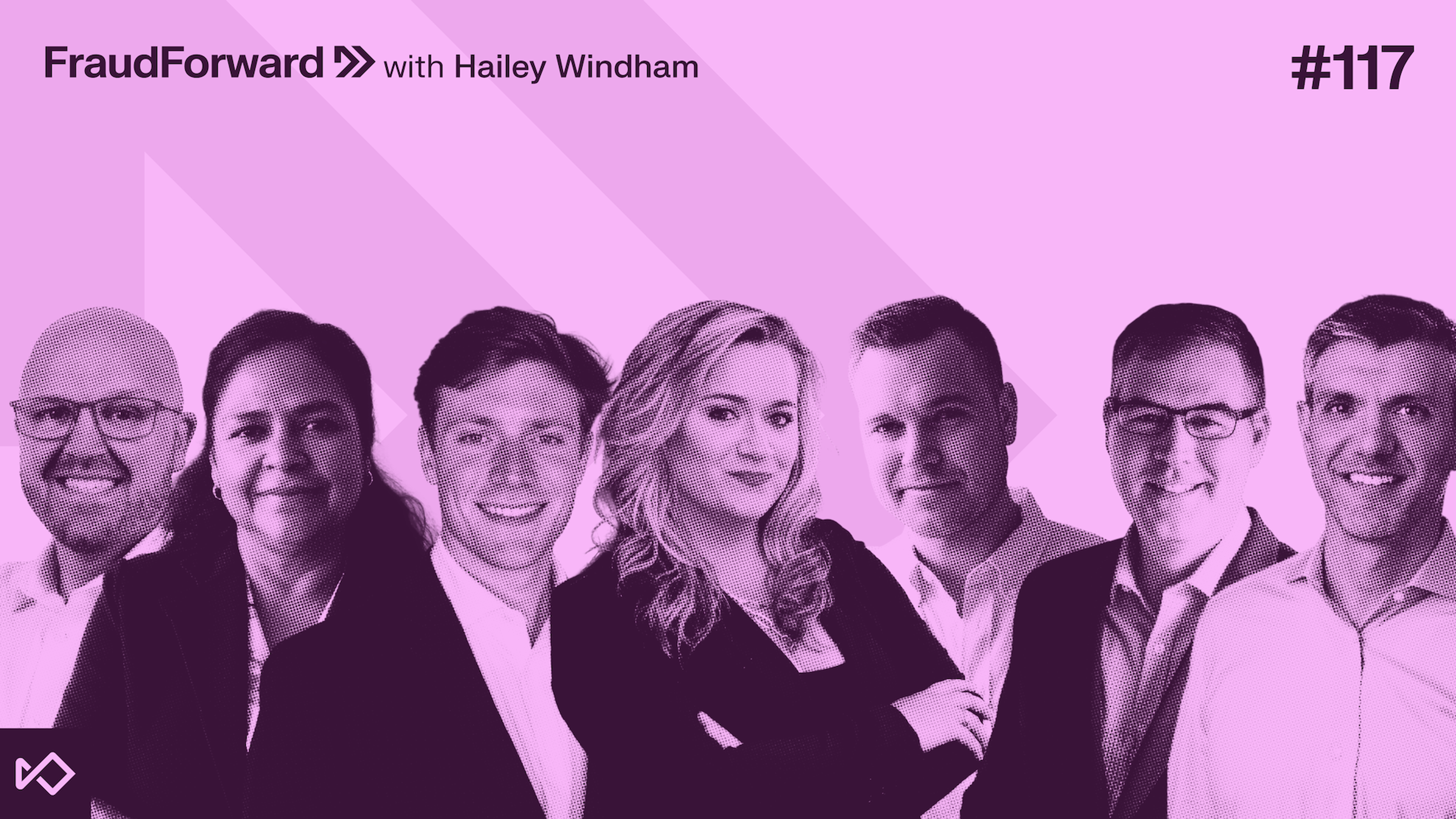 Seven smiling individuals from FraudForward with Hailey Windham, episode 117.