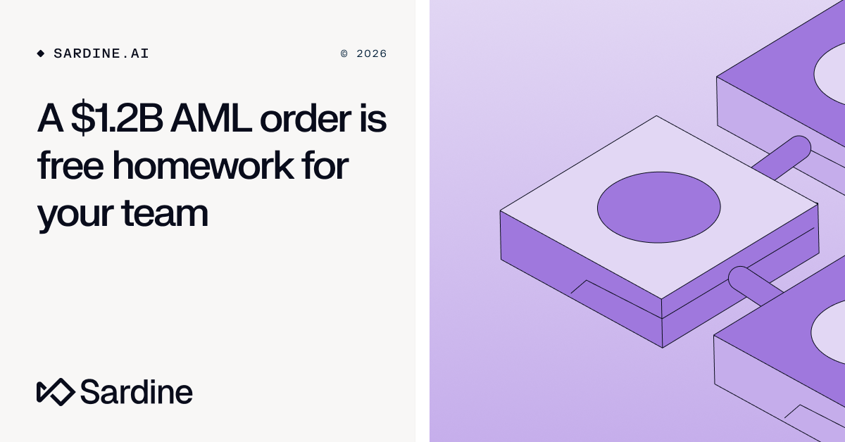 Sardine.AI image with the text 'A $1.2B AML order is free homework for your team' next to an illustration of interconnected purple isometric data units.