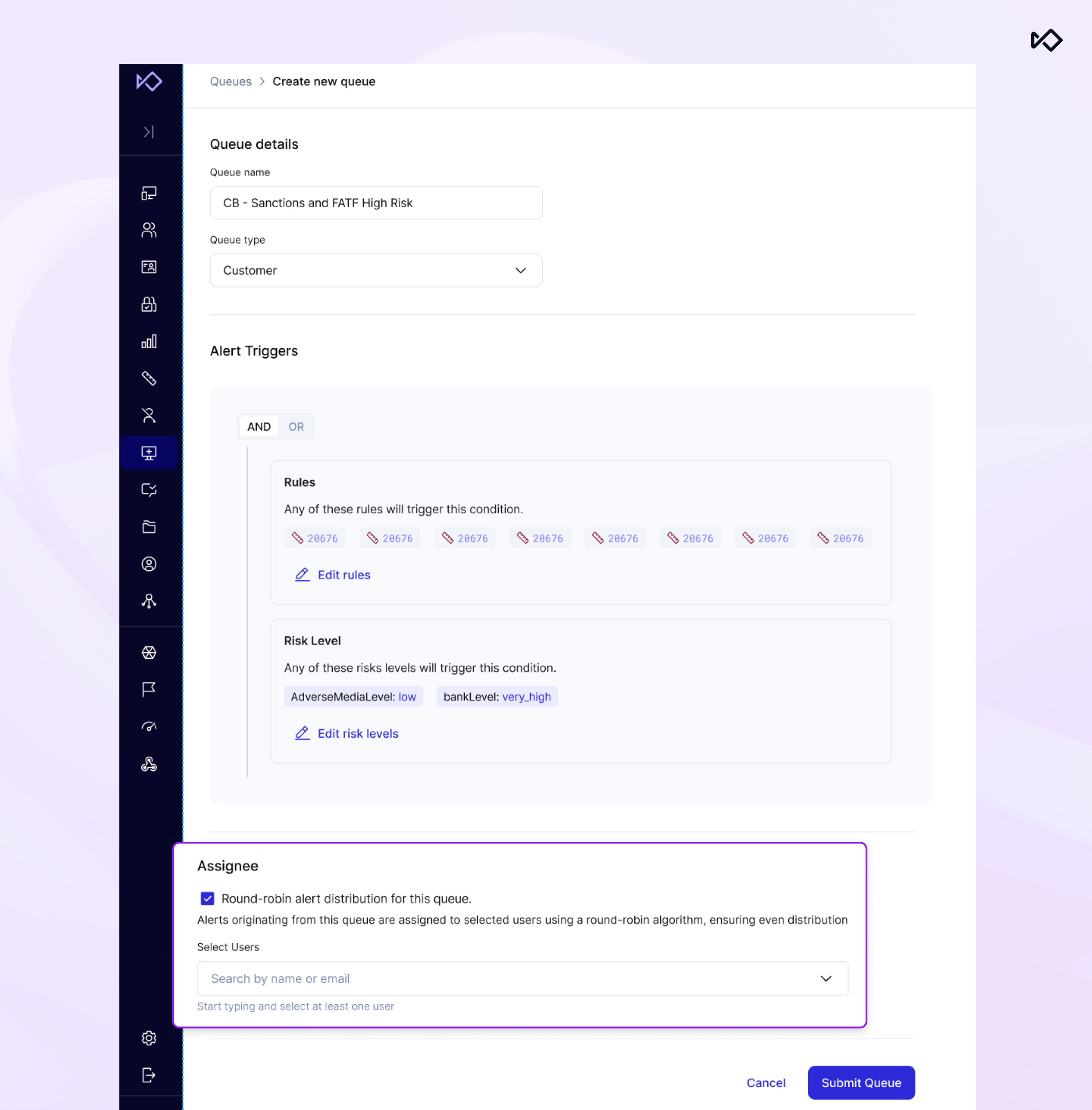 Screenshot of a web application form for creating a new queue, displaying fields for queue details, alert triggers, and user assignment settings.