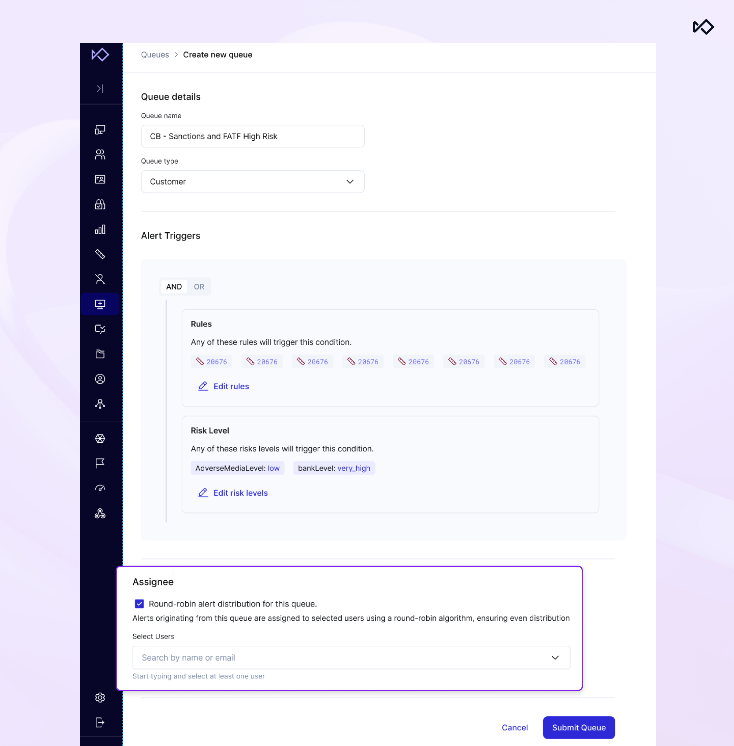 Screenshot of a web application form for creating a new queue, displaying fields for queue details, alert triggers, and user assignment settings.