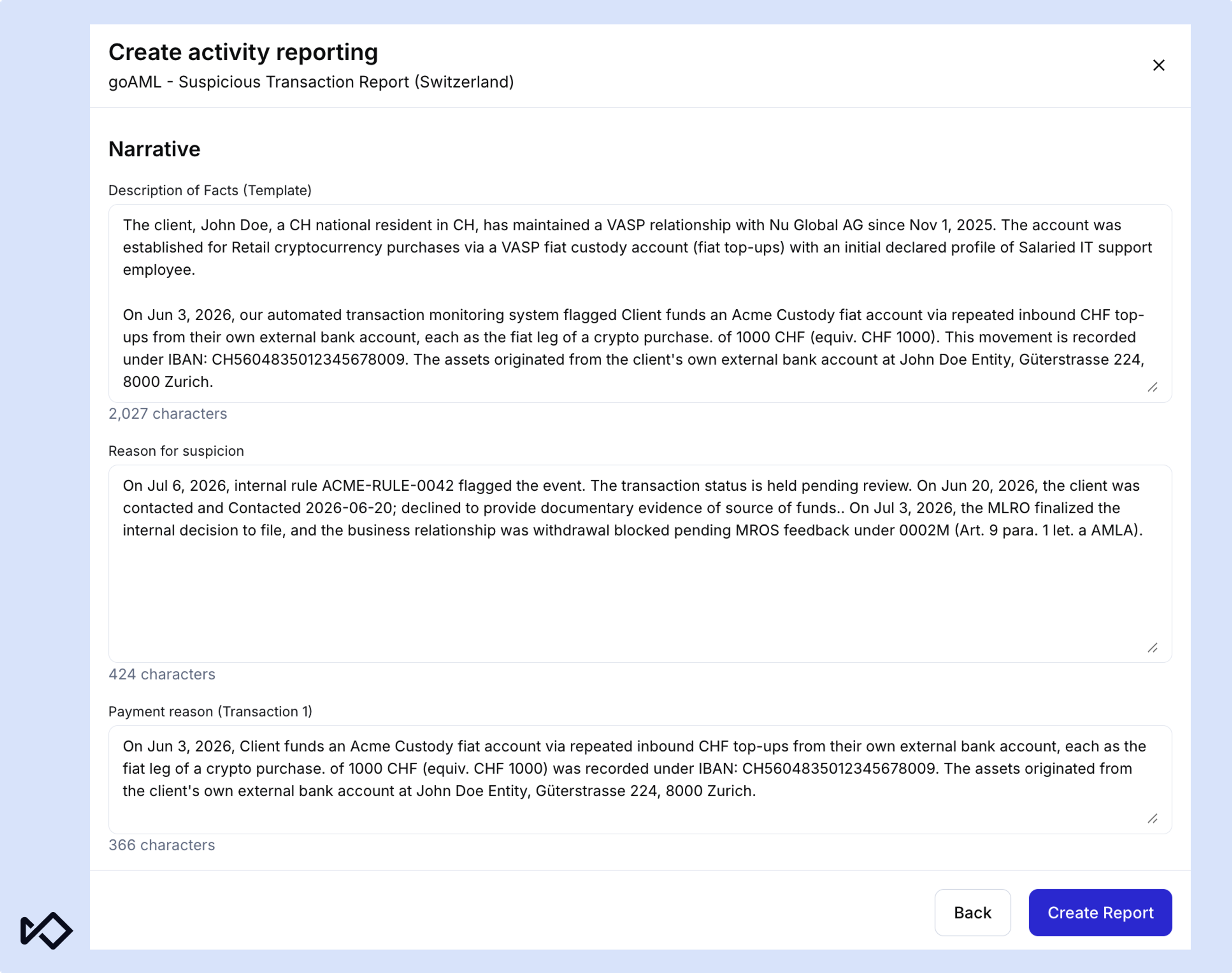 A digital form for creating a Suspicious Transaction Report in Switzerland, showing sections for narrative, reason for suspicion, and transaction details, with "Back" and "Create Report" buttons.