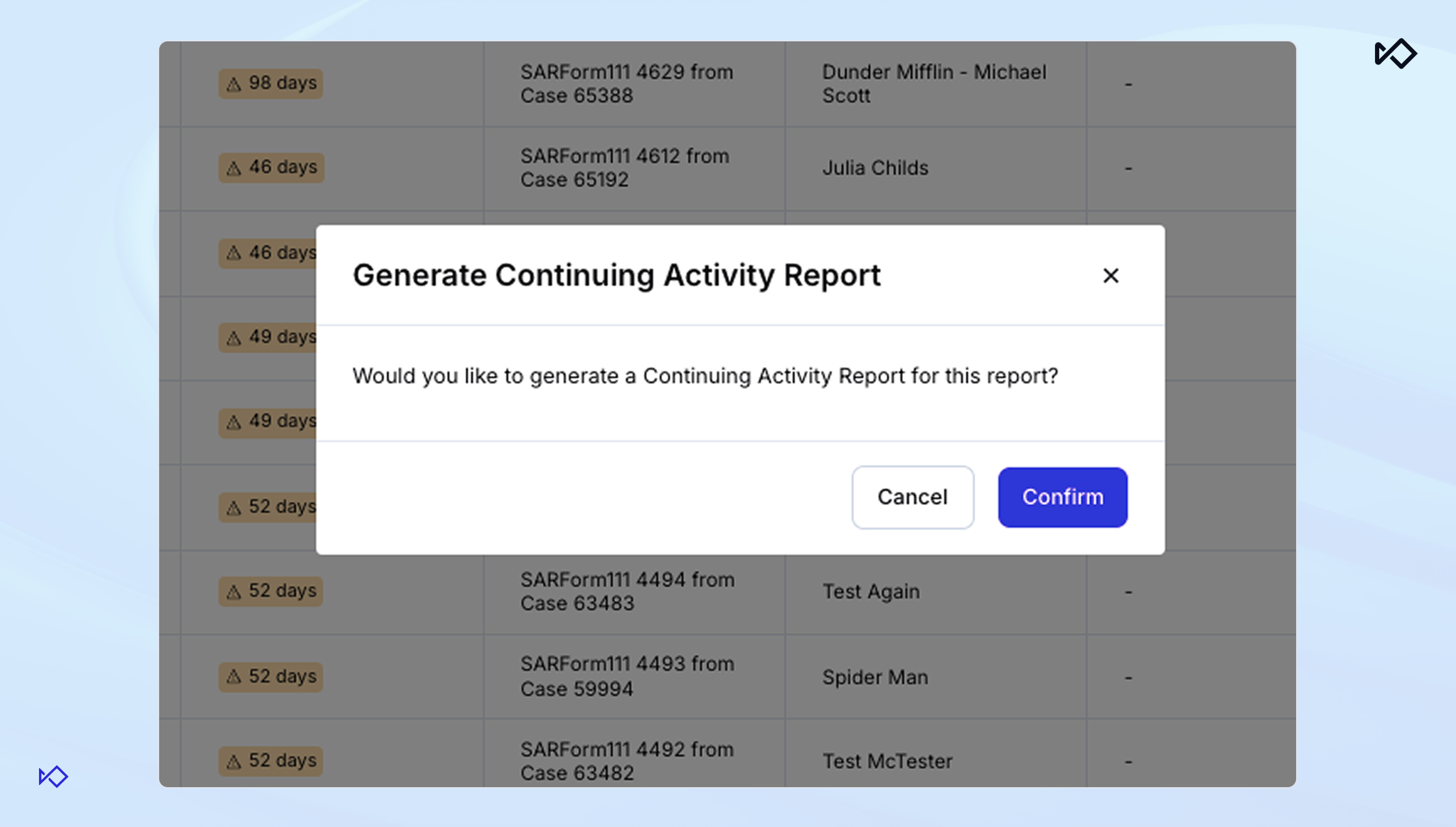 A dialog box titled 'Generate Continuing Activity Report' asks 'Would you like to generate a Continuing Activity Report for this report?' with Cancel and Confirm buttons.
