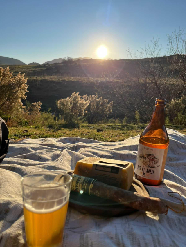 A picnic blanket with a bottle of beer, a glass of beer, and a wedge of cheese, set against a backdrop of hills and a sunset.