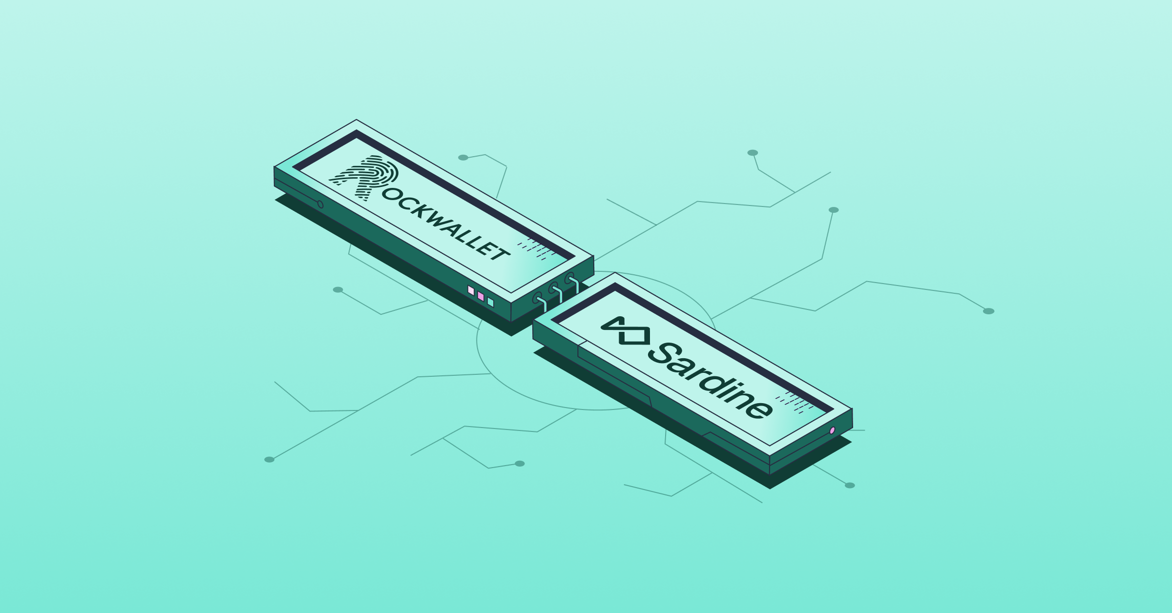 Two interconnected modules labeled 'Sardine' and 'Rockwallet' on a circuit board background.