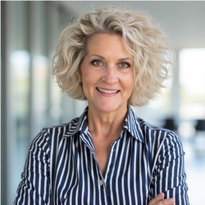 Smiling woman with short, curly blonde hair wearing a striped shirt.