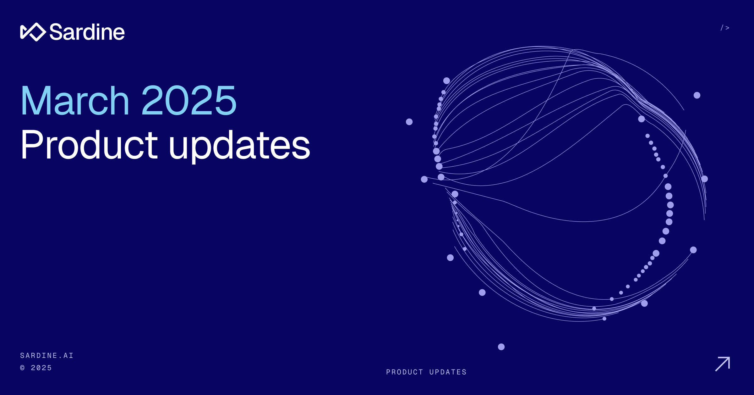 Sardine 'March 2025 Product updates' title slide with an abstract graphic.