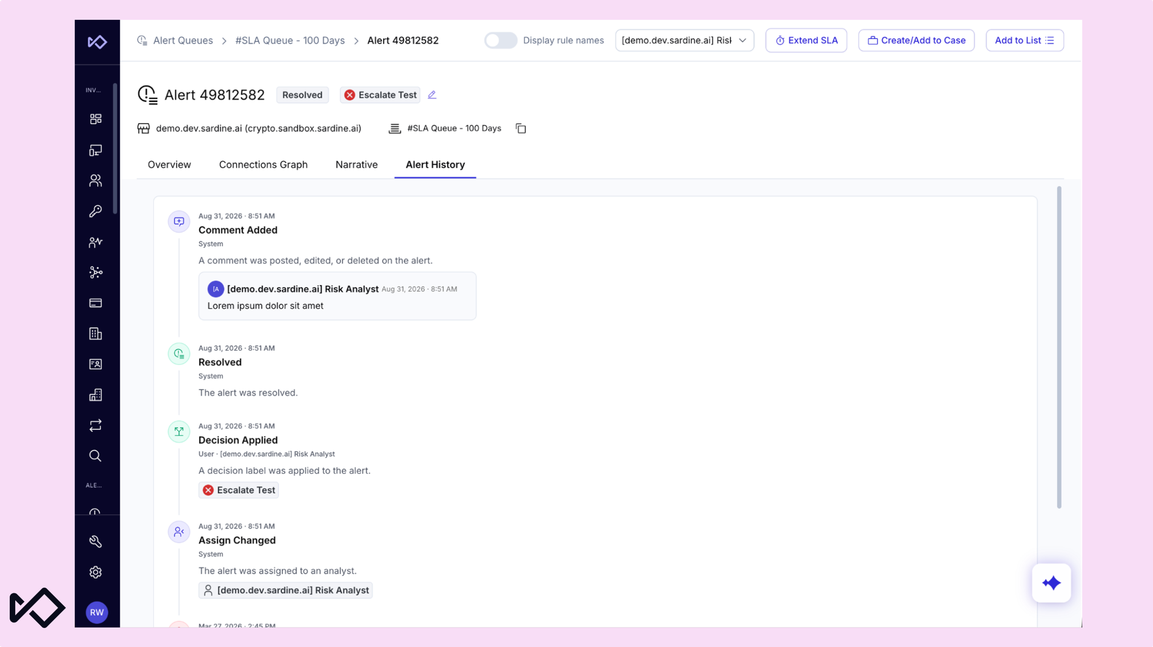 An alert management system's history log for Alert 49812582, detailing actions like comments, resolution, and decision application.