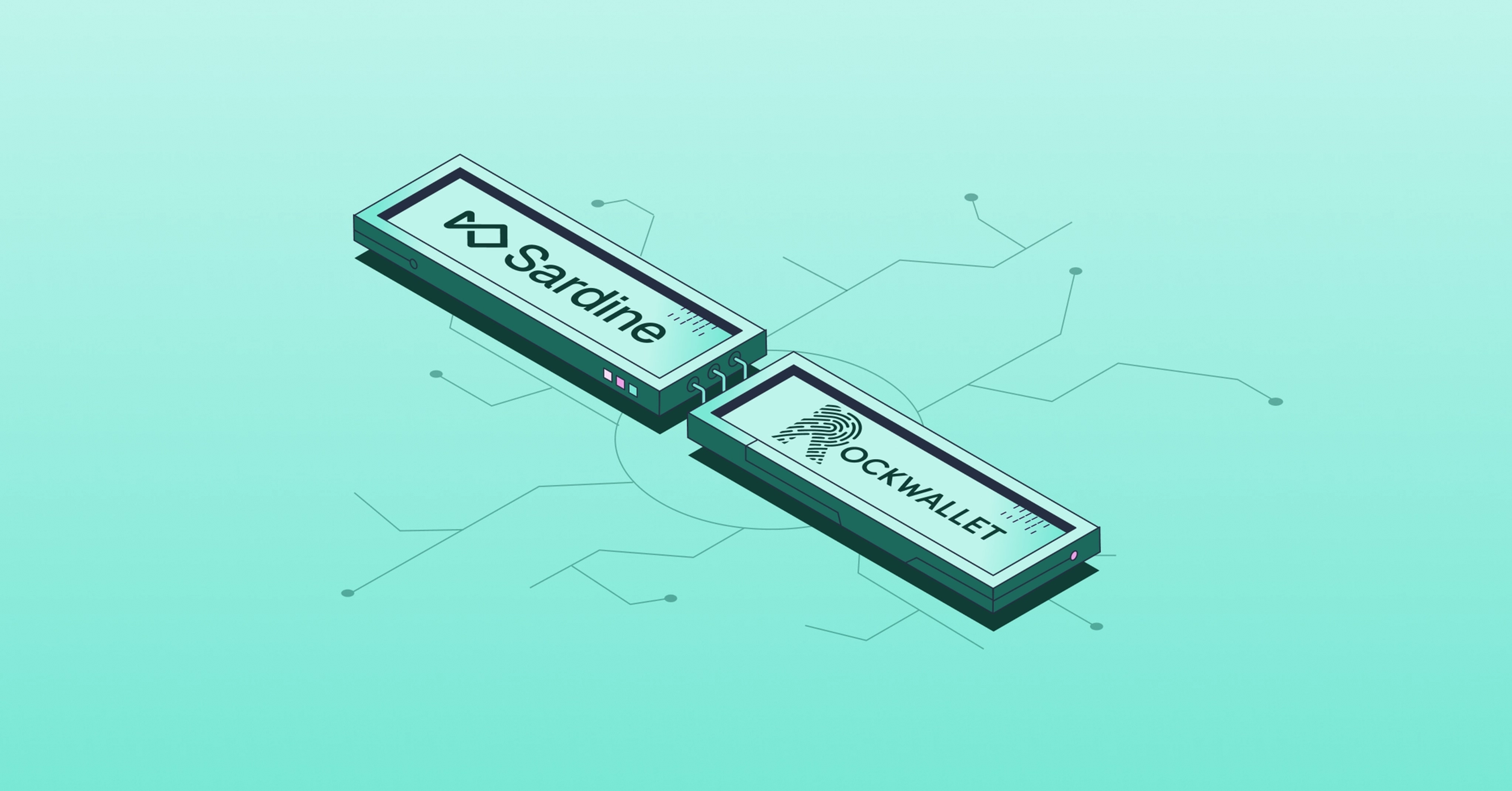 Two interconnected modules labeled 'Sardine' and 'Rockwallet' on a circuit board background.
