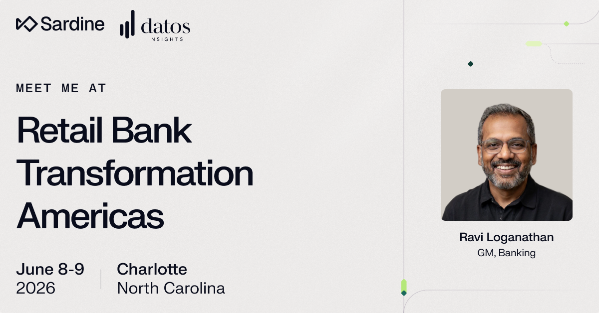 Promotional image for the Retail Bank Transformation Americas event on June 8-9, 2026, in Charlotte, NC, featuring Sardine and Datos Insights logos, and two smiling headshots.