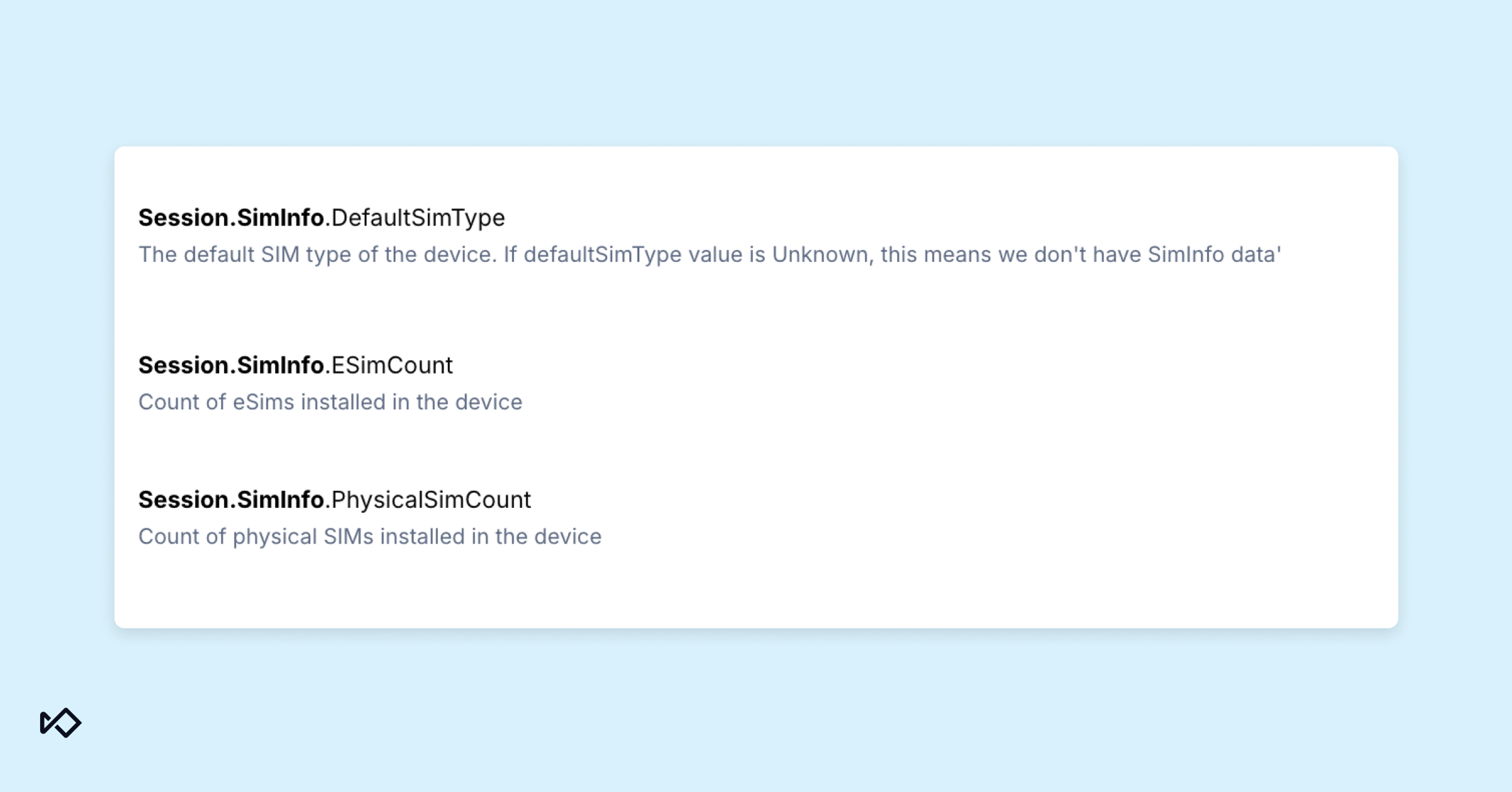 A white box displaying definitions for Session.SimInfo properties including DefaultSimType, ESimCount, and PhysicalSimCount.