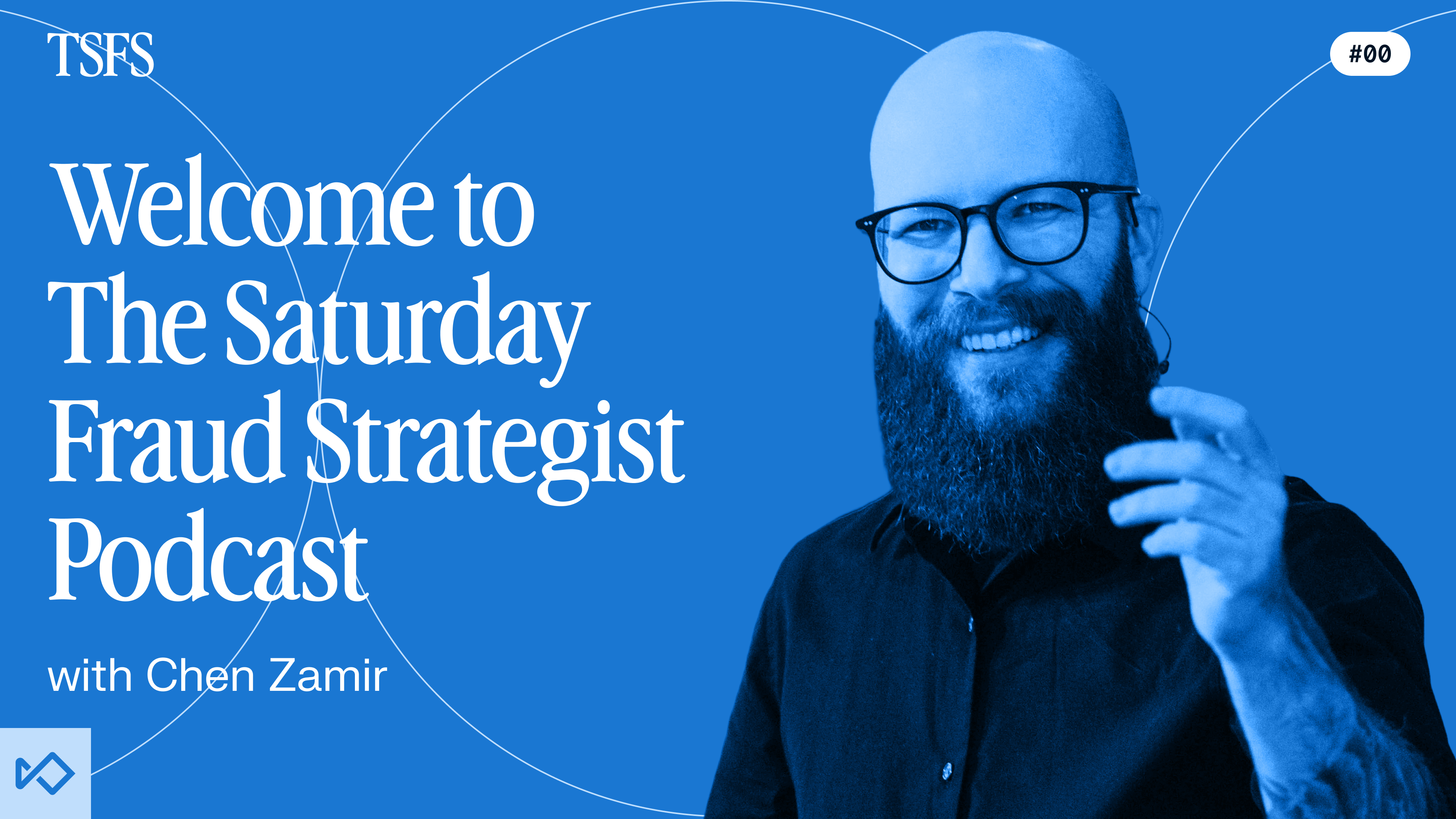 Podcast cover featuring a smiling bald man with a beard and glasses, Chen Zamir, and text "Welcome to The Saturday Fraud Strategist Podcast" on a blue background.