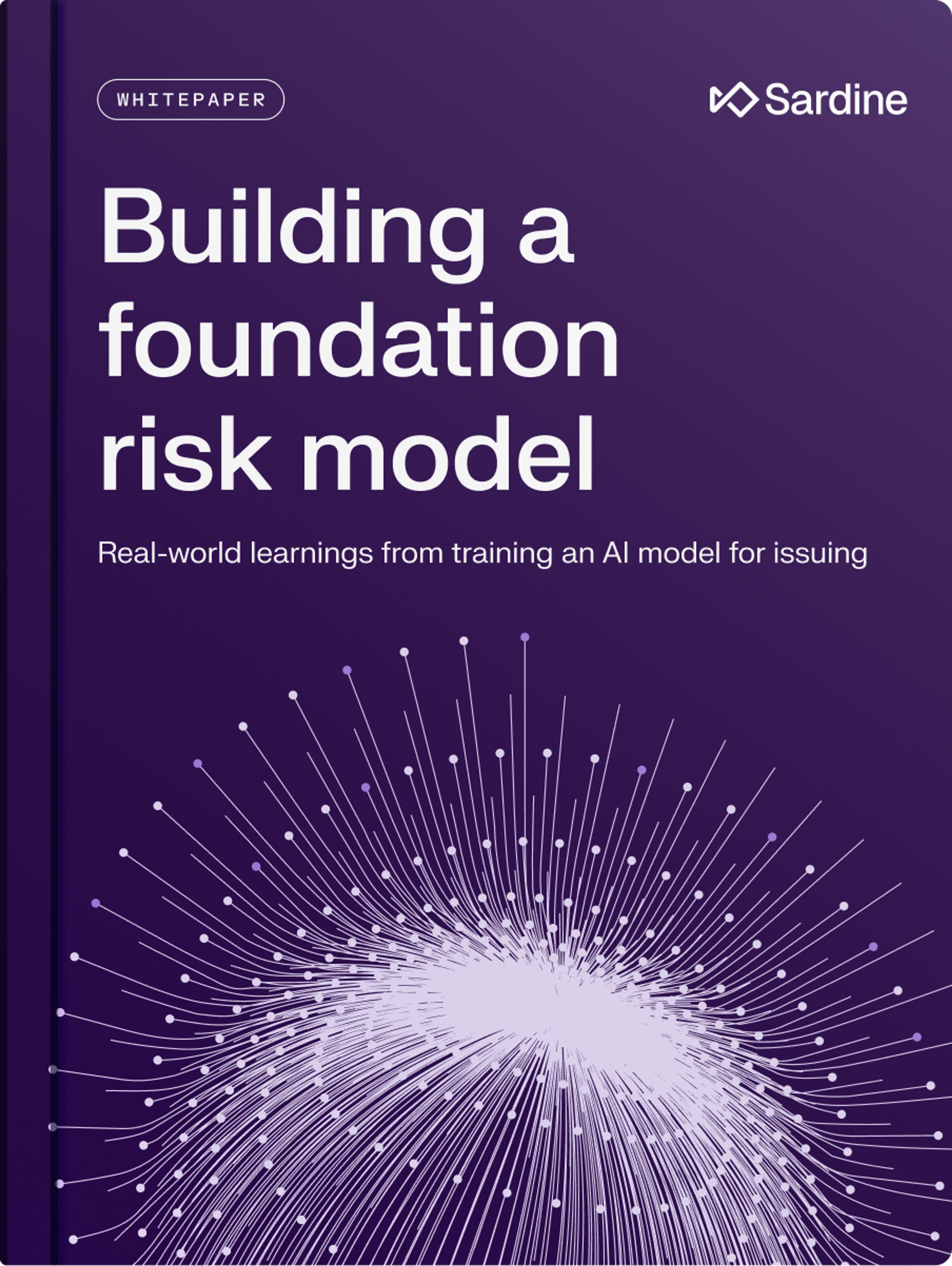 Sardine whitepaper cover titled "Building a foundation risk model," on a purple background with a light purple abstract starburst design.
