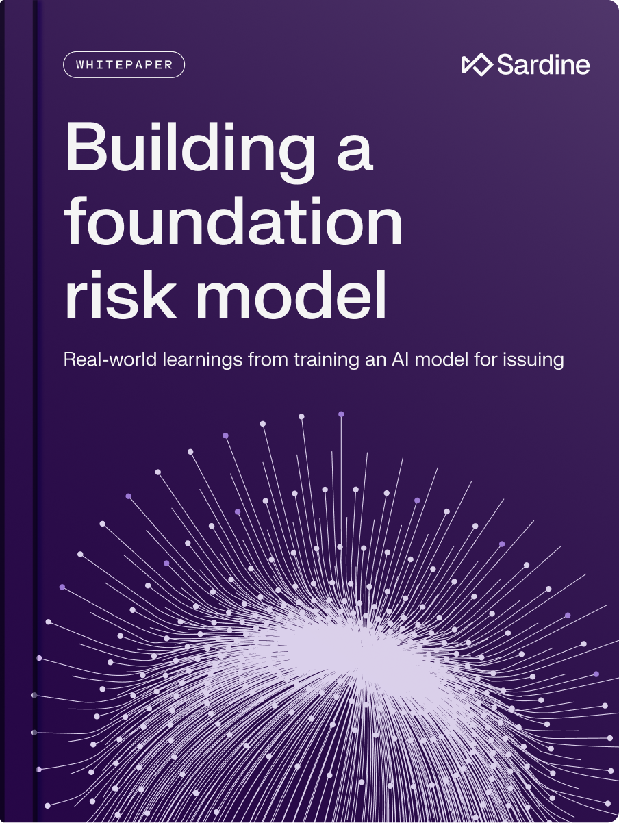 Sardine whitepaper cover titled "Building a foundation risk model," on a purple background with a light purple abstract starburst design.