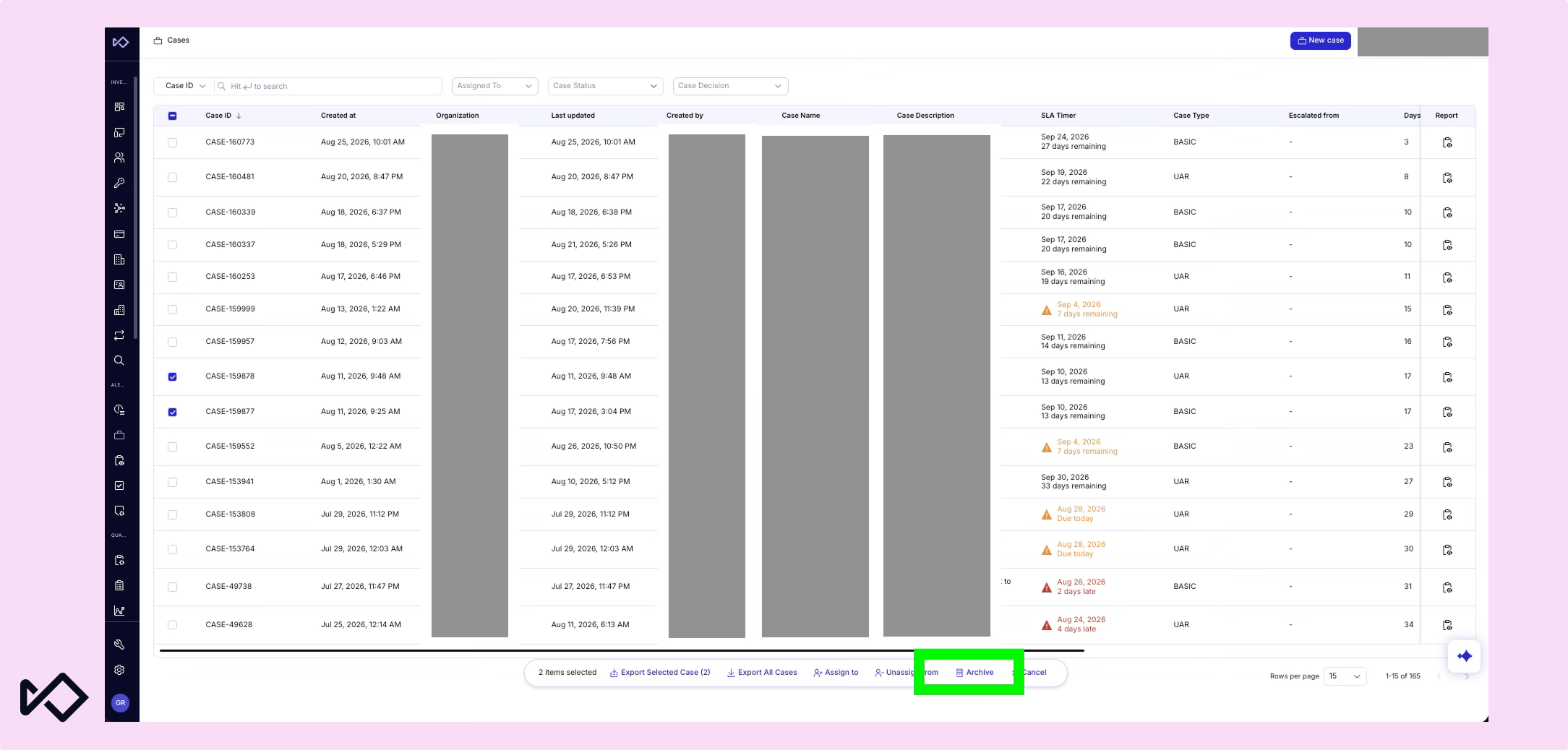 A screenshot of a case management dashboard displaying a table of cases with details and actions, highlighting the "Archive" button.