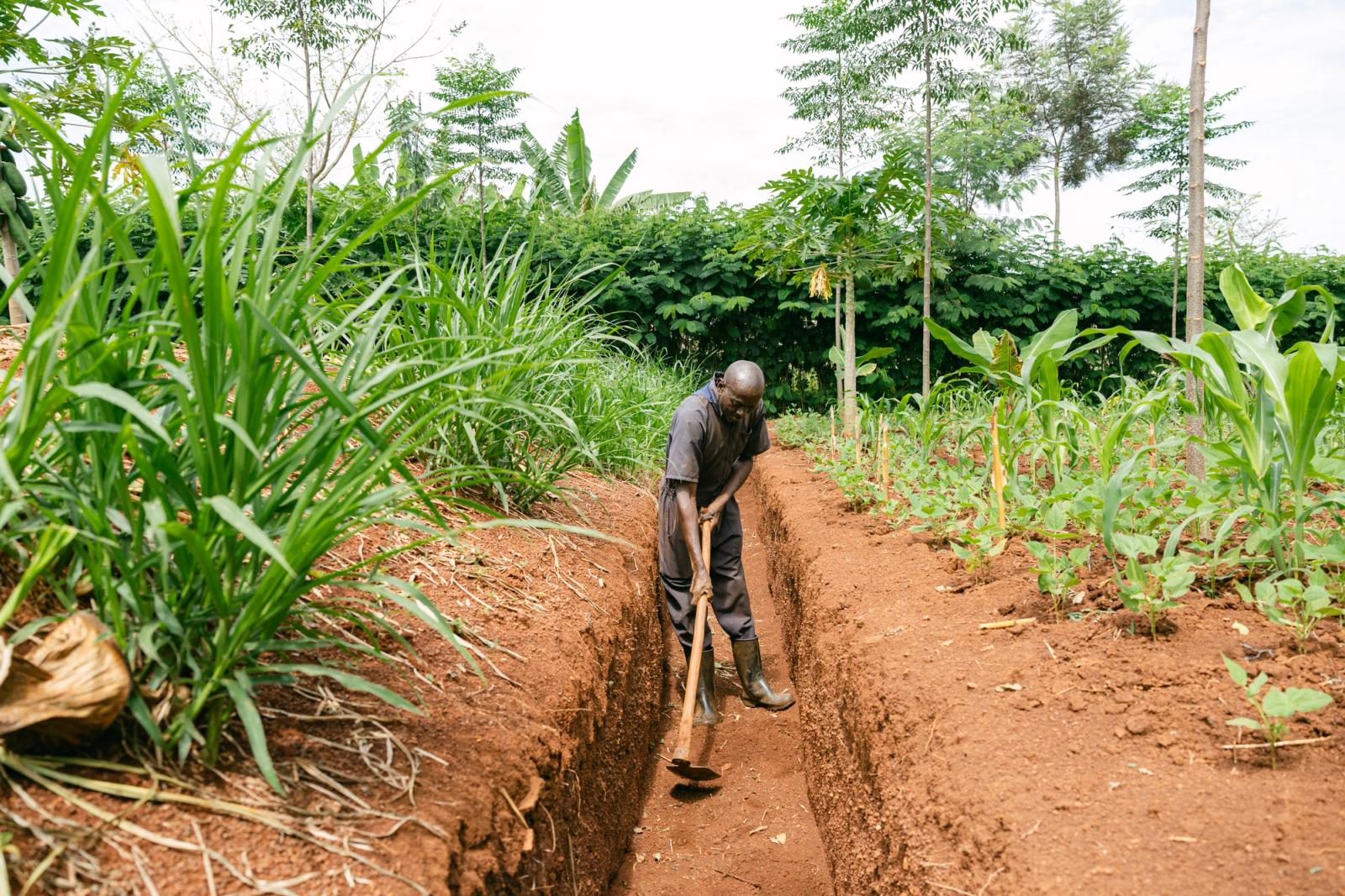 A farmer leaning on a tool, smiling