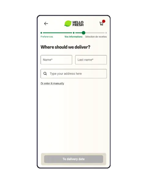 Phone showing the new HelloFresh checkout address form, flipping in 3D