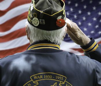 Veteran saluting to American flag.