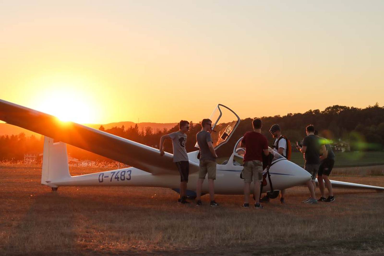 Segelflugzeug auf der Wiese im Abendlicht