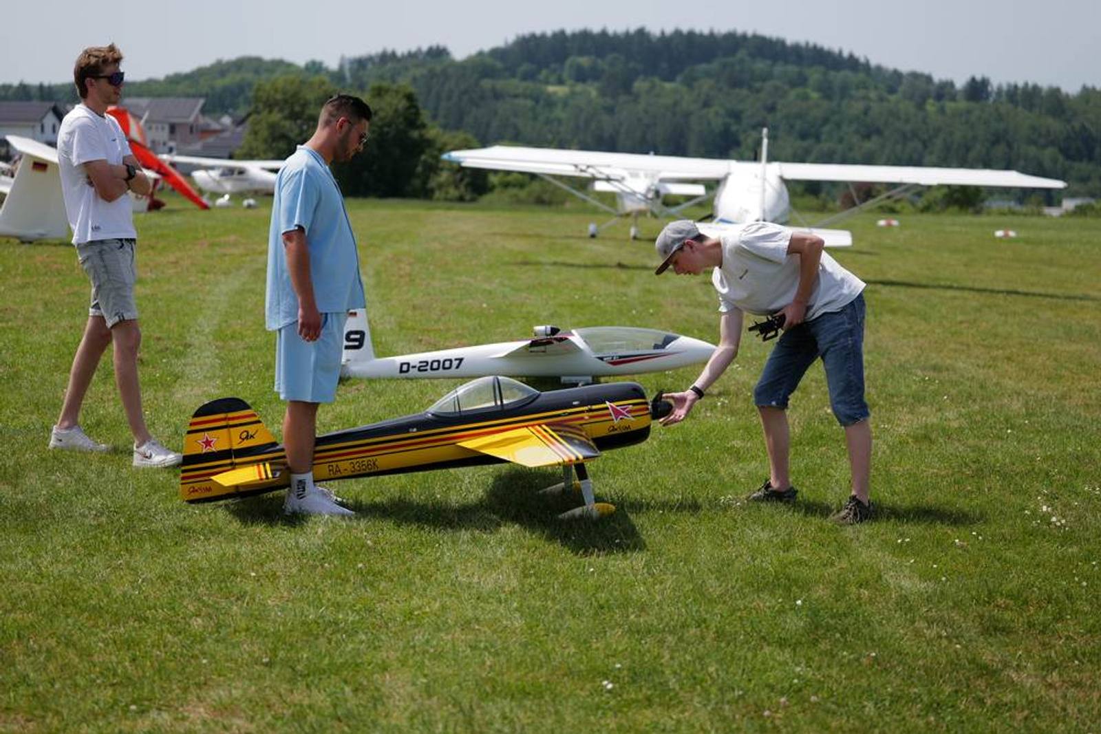 Flugmodelle auf der Wiese des Modellfluggeländes
