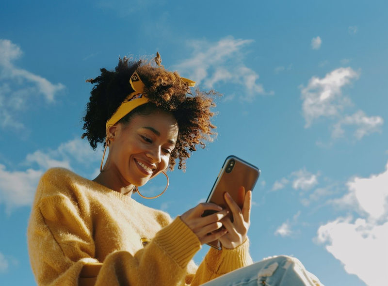 Person smiling while looking at a phone outdoors