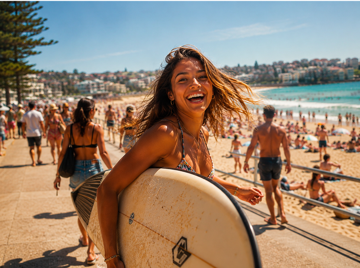 tourist visiting beaches abroad holding a surfboard