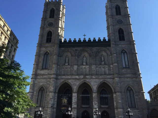 The towers and entrance of Notre-Dame Basilica.